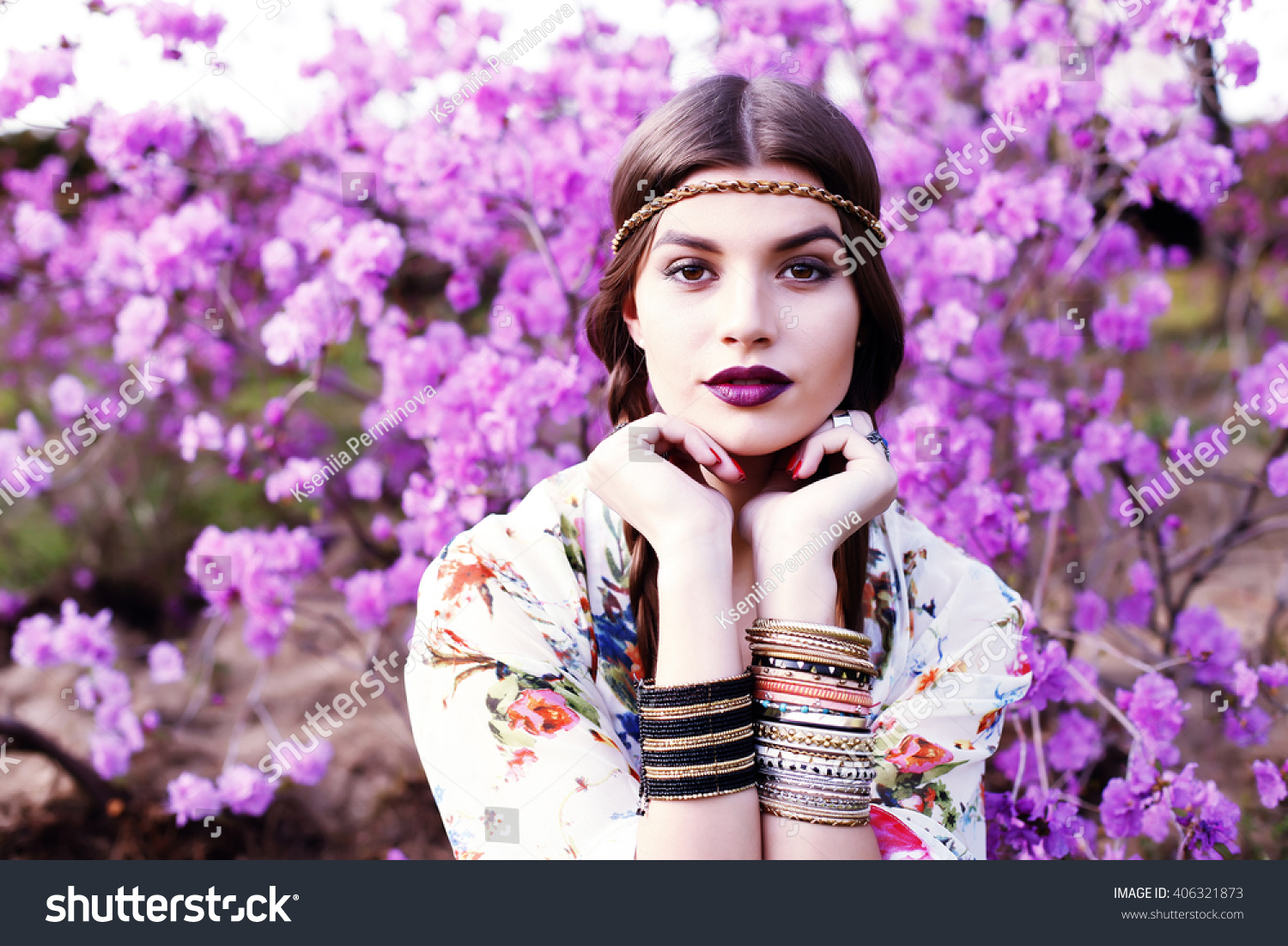 Outdoor high fashion portrait of young woman model, posing with trendy accessories and boho chic clothes. Fashion blogger outfit close up. Street style concept photo toned style instagram filters #406321873