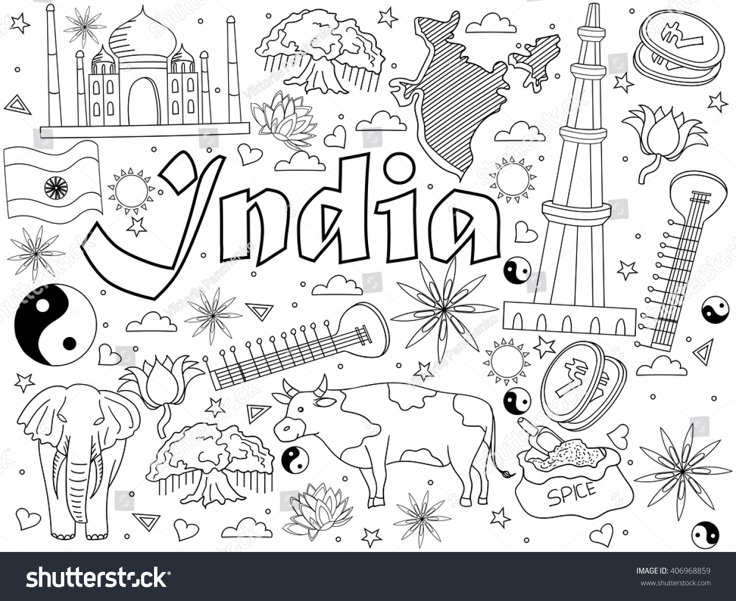 India coloring book line art design vector illustration. Separate objects. Hand drawn doodle design elements. #406968859