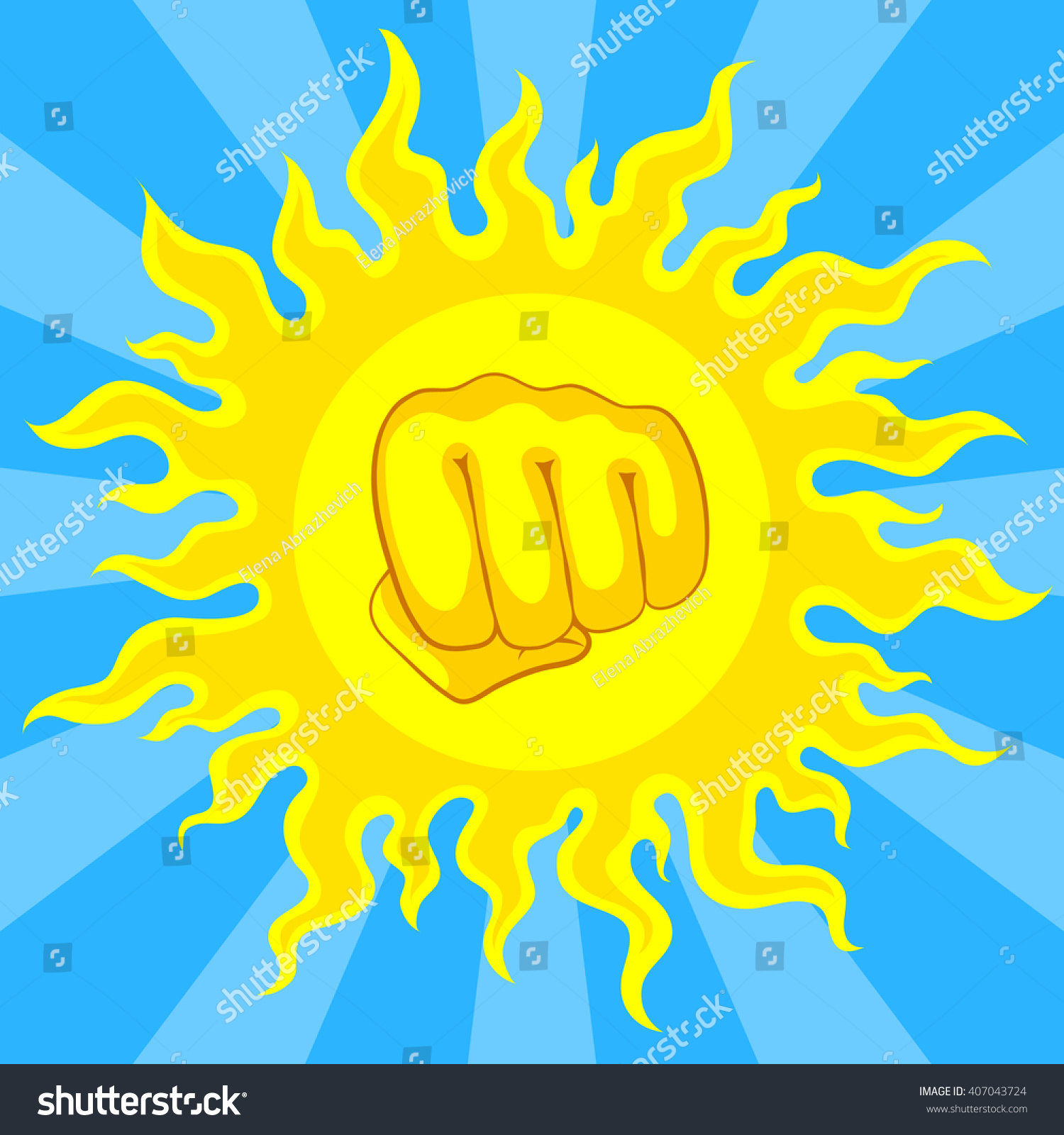 Bright yellow sun and fist in the middle, with sunrays on blue sky. Risk of sunstroke and heatstroke at hot season #407043724
