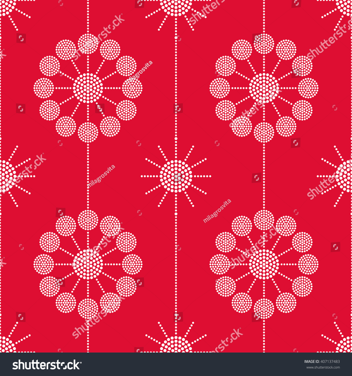 Vector Seamless Circle Pattern. Dotted pattern. Garlands of circles. Abstract monochrome Red background. Christmas pattern. Beads. Dots. Mosaic for textile, paper or ceramics. Vector Regular Texture #407137483