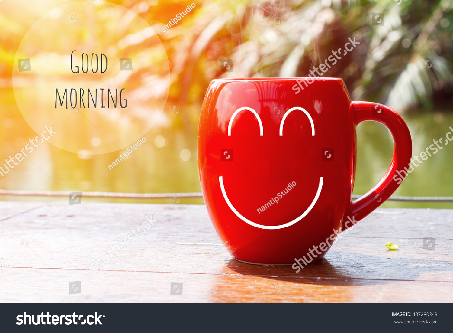 red coffee cup empty front porch the morning. Good morning or Have a happy day message concept #407280343
