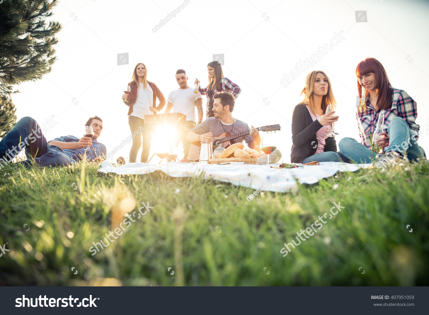 Group of friends having pic-nic in a park on a sunny day - People hanging out, having fun while grilling and relaxing #407951059