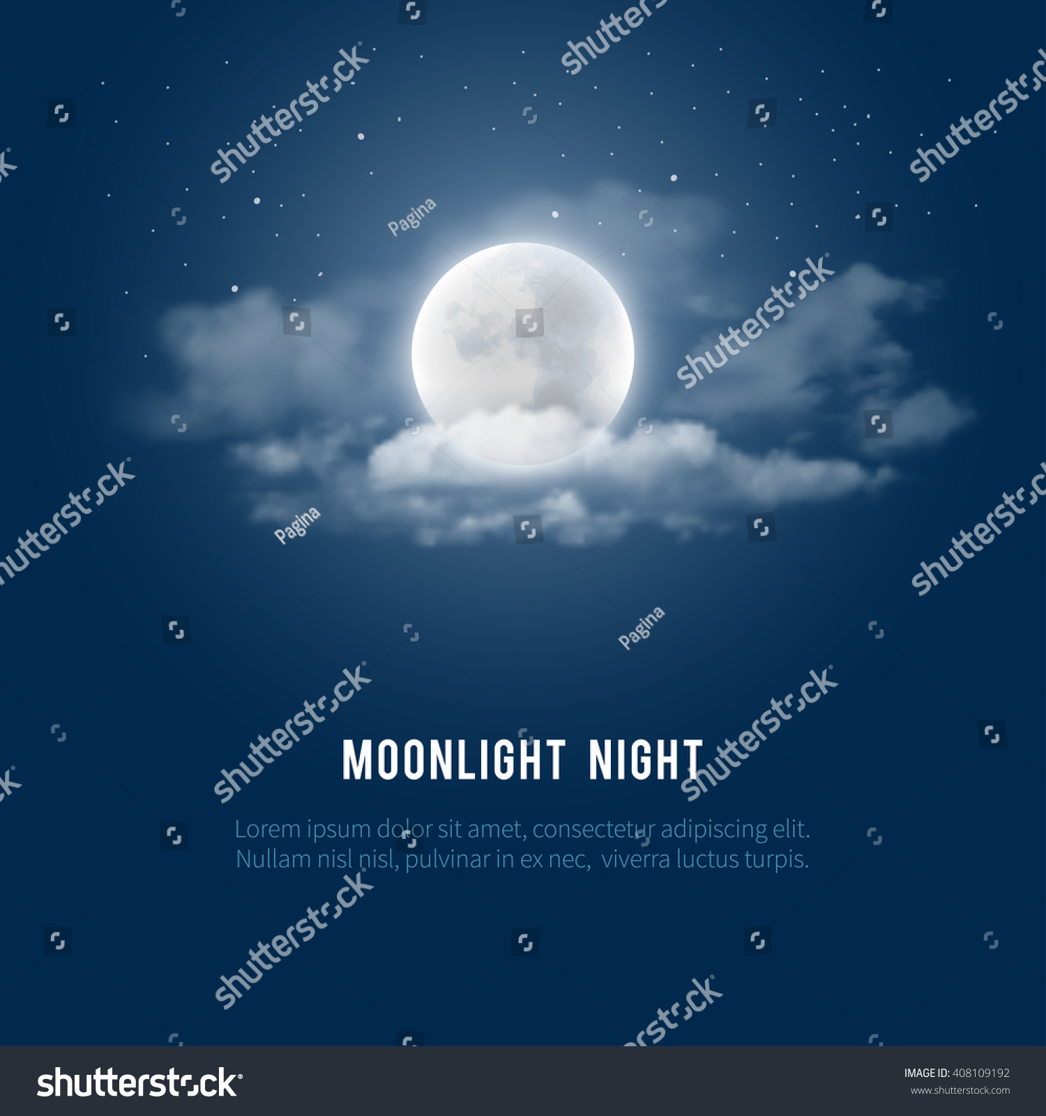 Mystical Night sky background with full moon, clouds and stars. Moonlight night. Vector illustration. #408109192