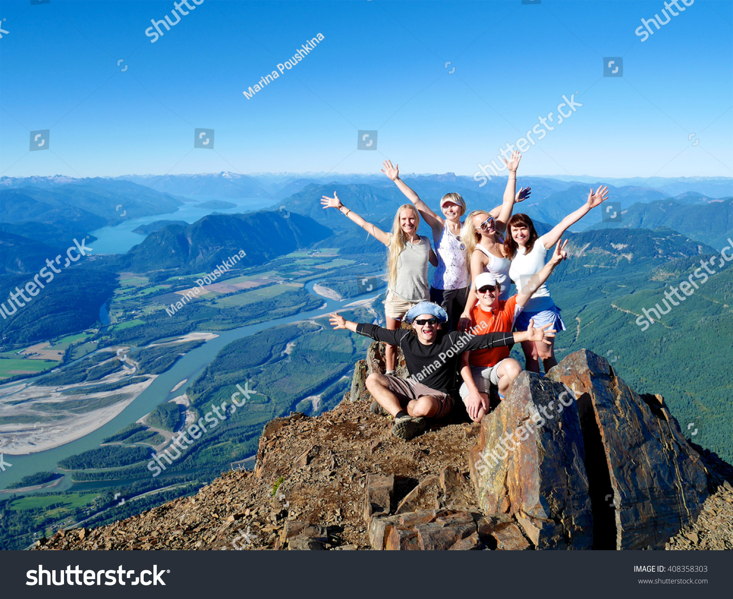 Successful Group of Happy Friends on Mountain Top, Cheering. 
Mount Cheam Summit,  British Columbia, Canada.  #408358303