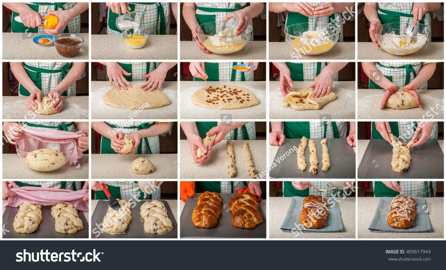 A Step by Step Collage of Making Braided Sweet Bread with Raisins and Orange Zest Topped with Sugar Glaze and Flaked Almonds #409617943