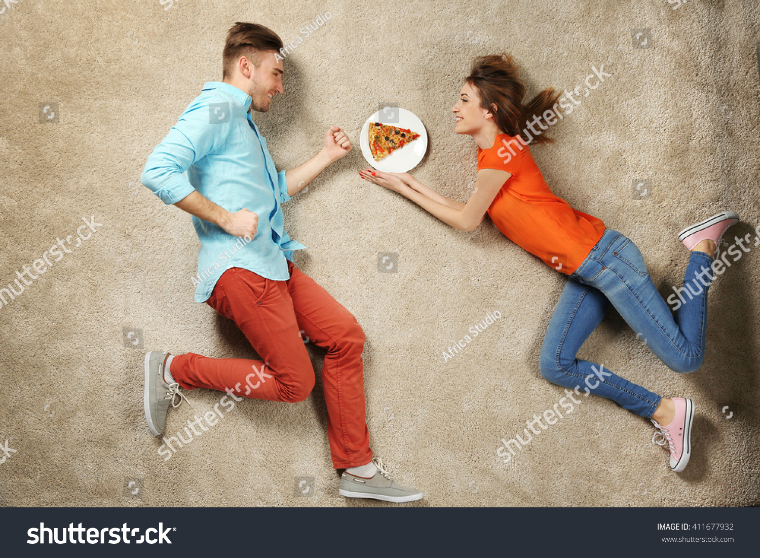 Scene simulation, young couple with pizza #411677932