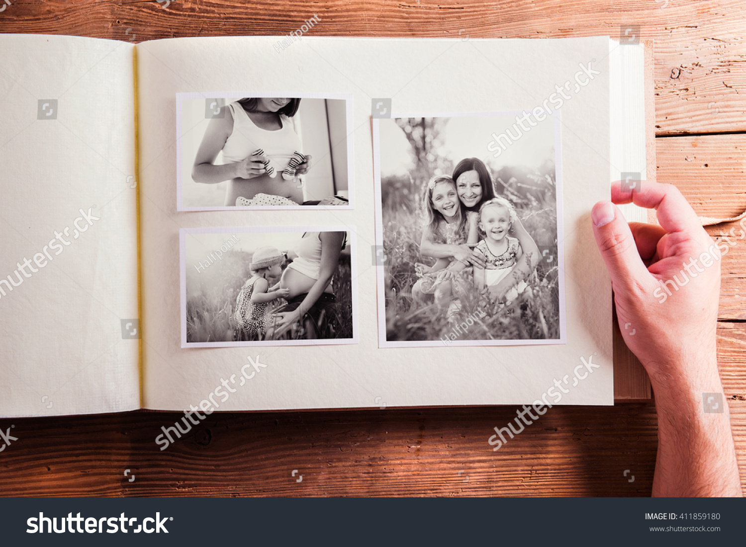 Mothers day composition. Photo album, black-and-white pictures. #411859180