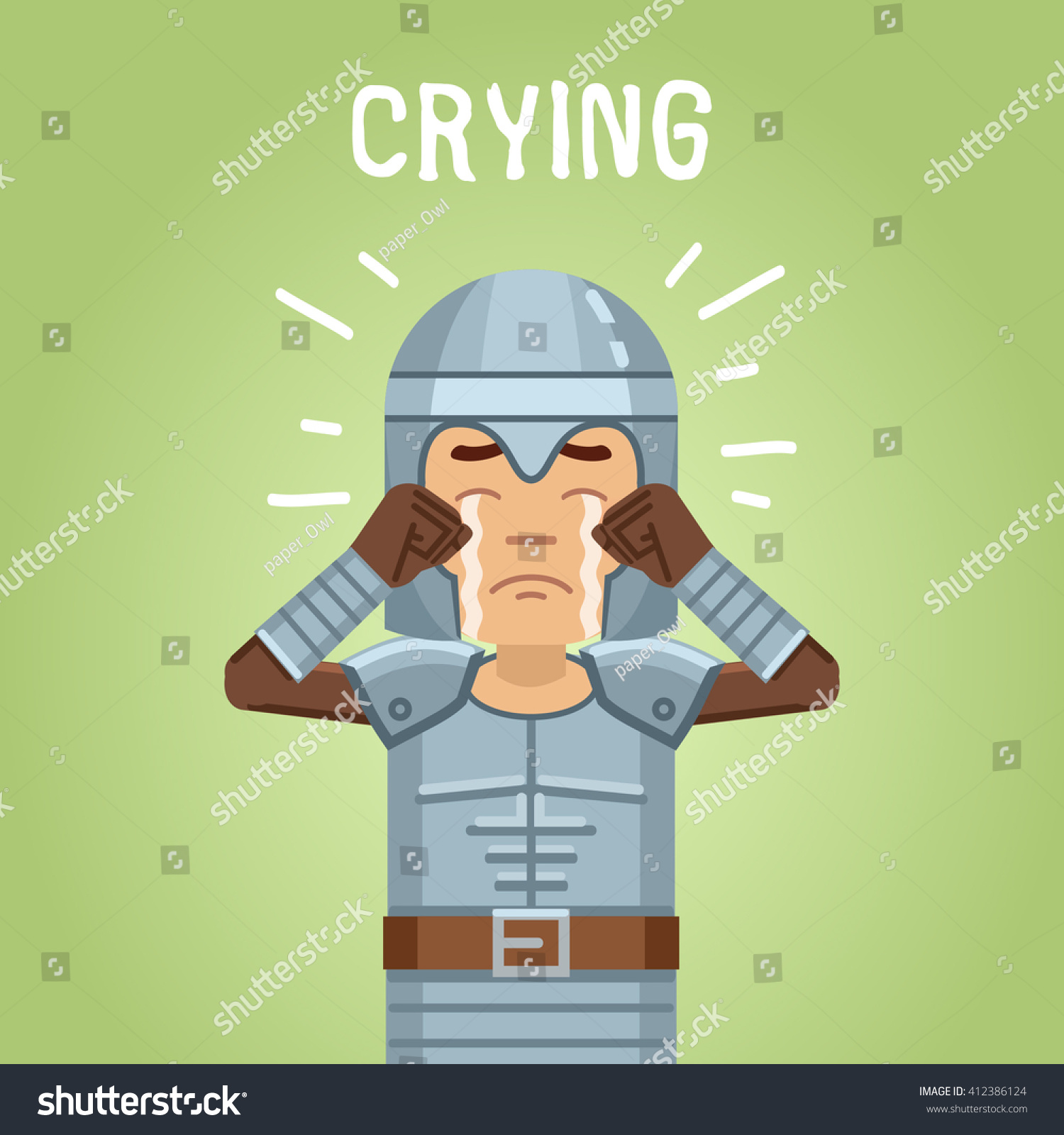 Illustration of a crying medieval knight. Sad, upset, stressed. Emoticon, emoji, facial expression. Medieval knight, crusader, soldier. Flat style vector illustration #412386124