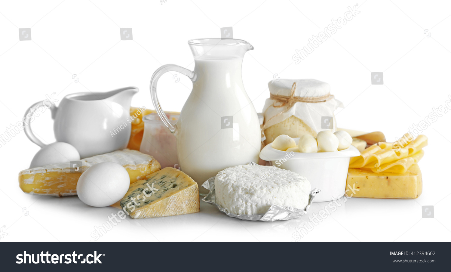 Set of fresh dairy products , isolated  on white #412394602