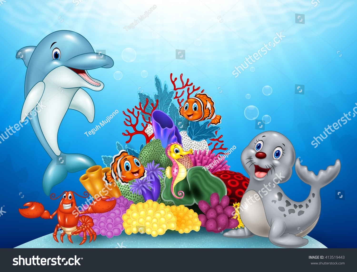 Cartoon tropical fish with Beautiful Underwater World #413519443