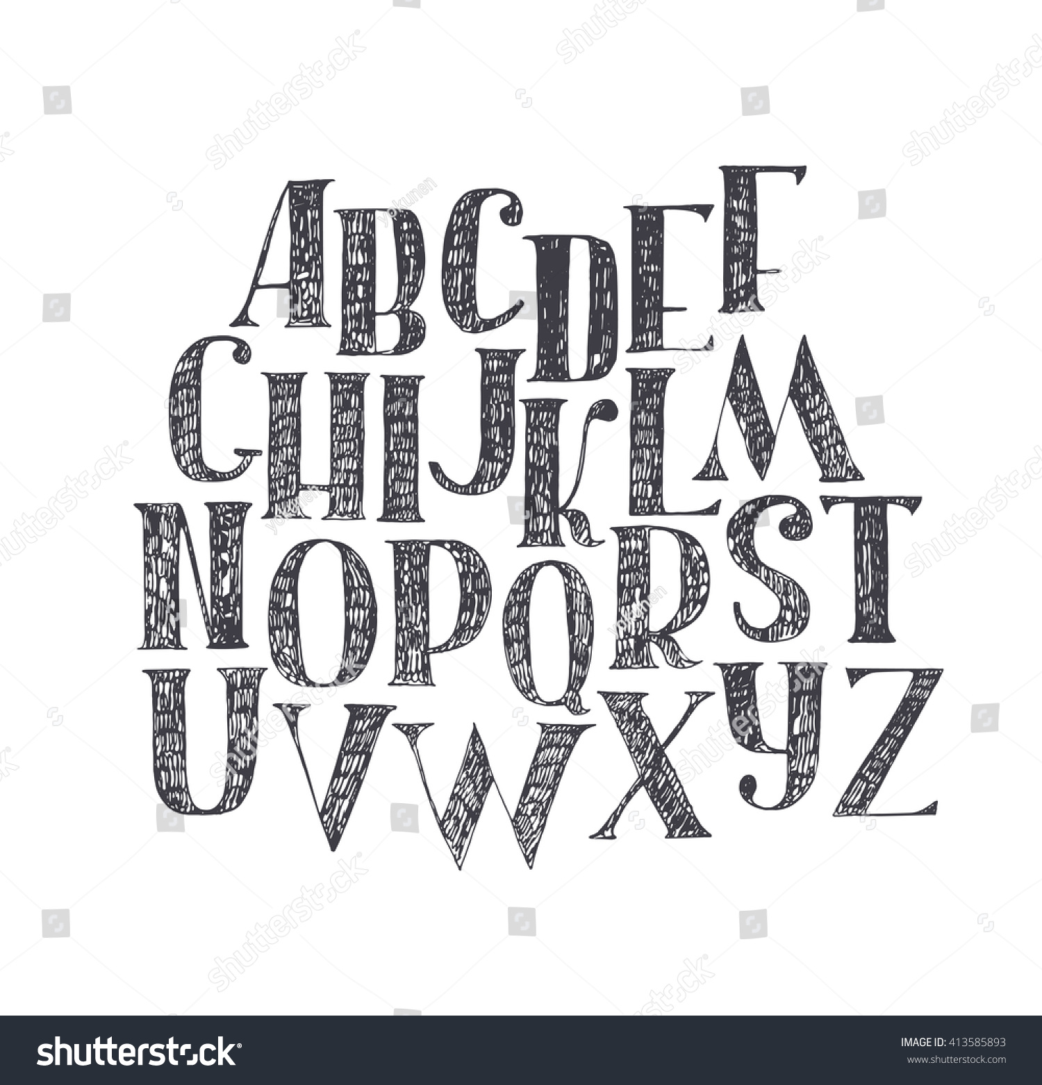 English hand drawn abc from a to z. Capital font made with nib and serif, decorated hatch alphabet, painted freehand. Isolated on background vector illustration. Letter made in classical hatched style #413585893