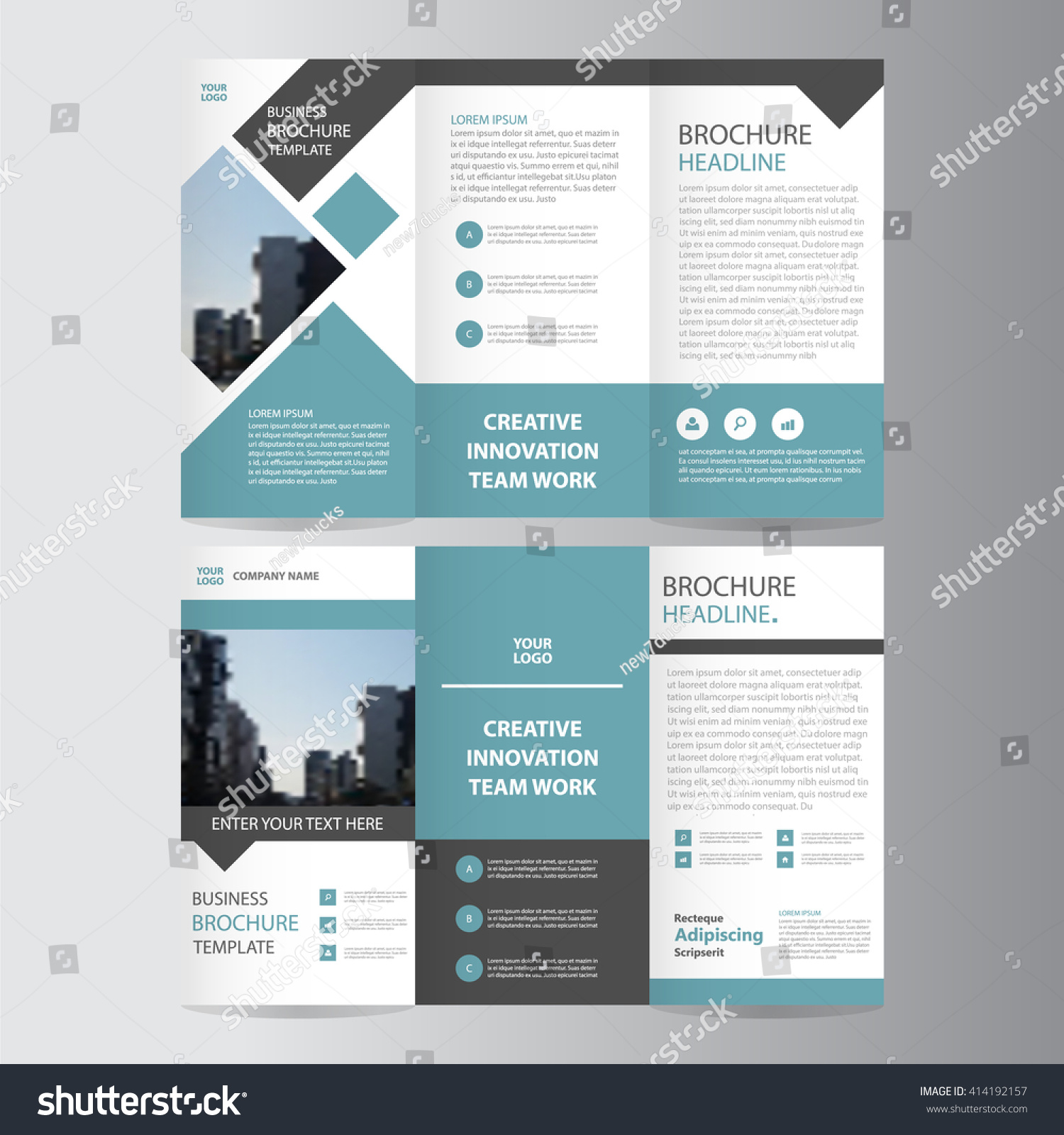 blue square geometric vector business trifold Leaflet Brochure Flyer template flat design set #414192157