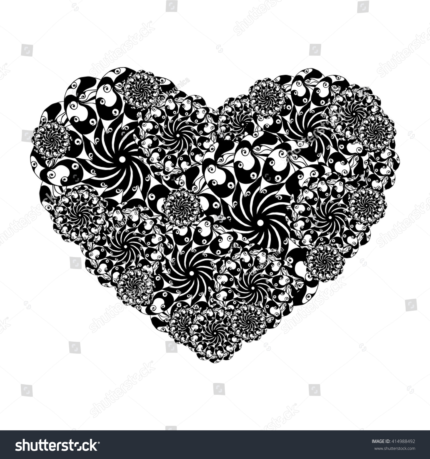 Picture of the heart of stylized flowers in black and white colors. Isolated on white background. Vector illustration. #414988492