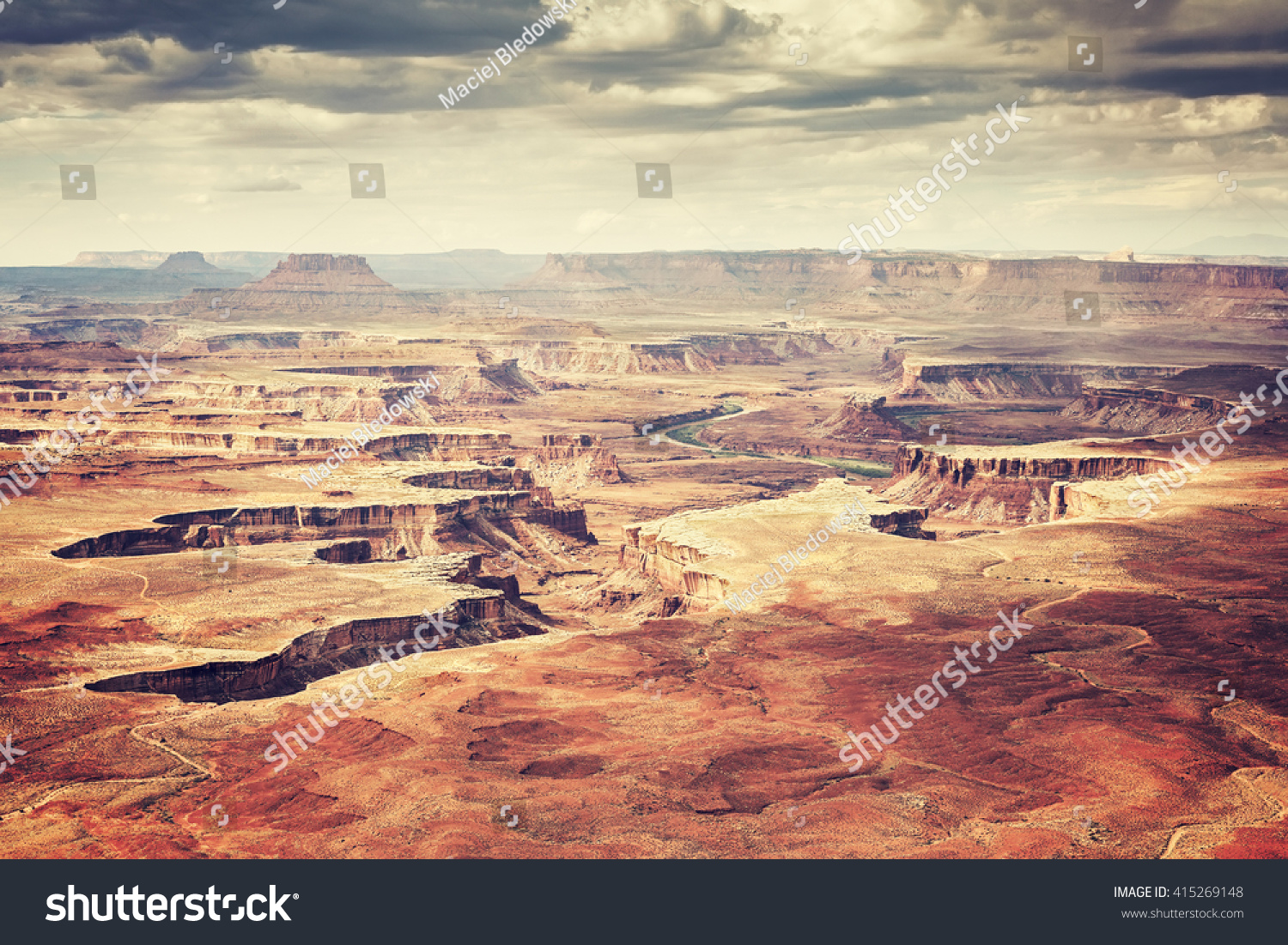 Old film stylized deserted landscape in Canyonlands National Park, Island in the Sky region, Utah, USA. #415269148