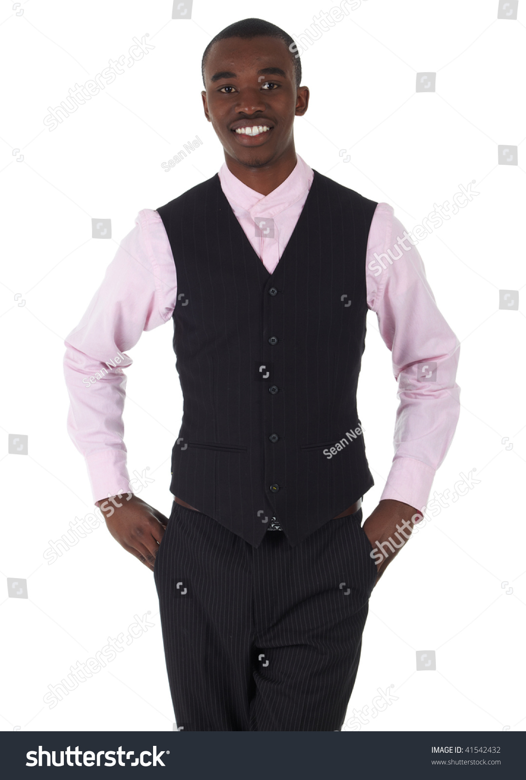 pink shirt with black waistcoat