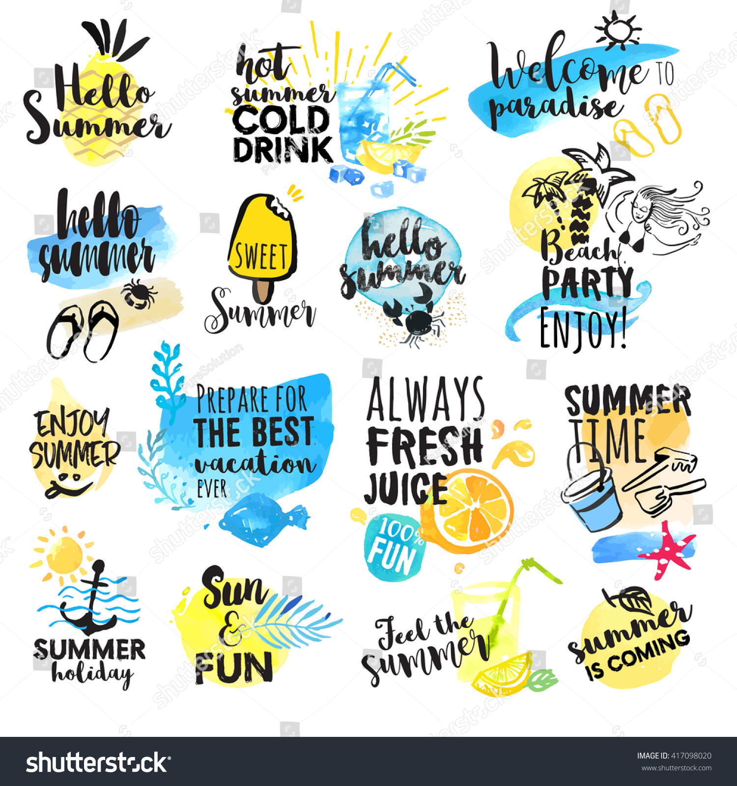 Set of hand drawn watercolor summer signs. Vector illustrations for summer holiday, travel agency, restaurant and bar, menu, sea and sun, beach vacation and party. #417098020