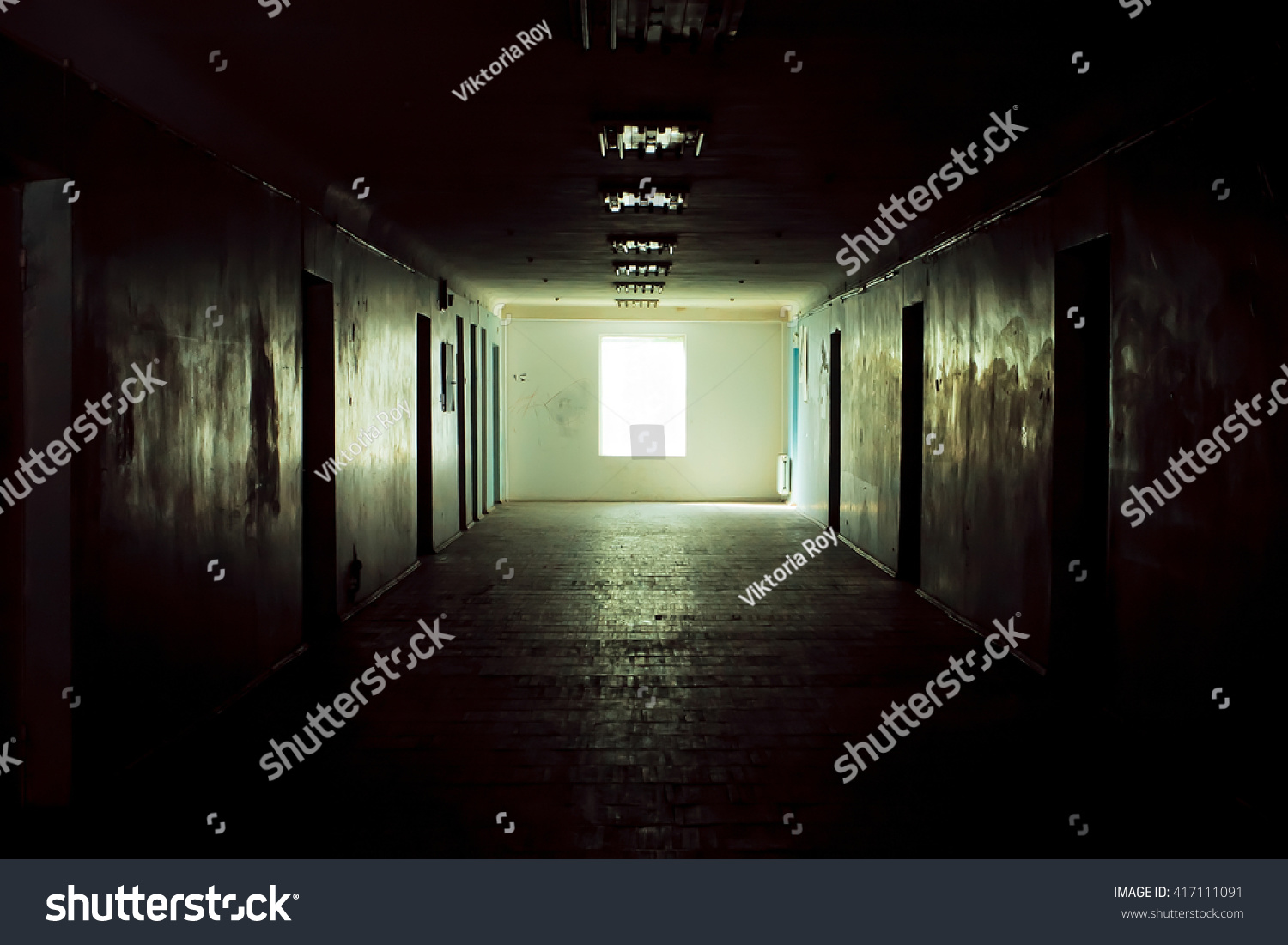 Dark corridor with cabinet doors and window light #417111091