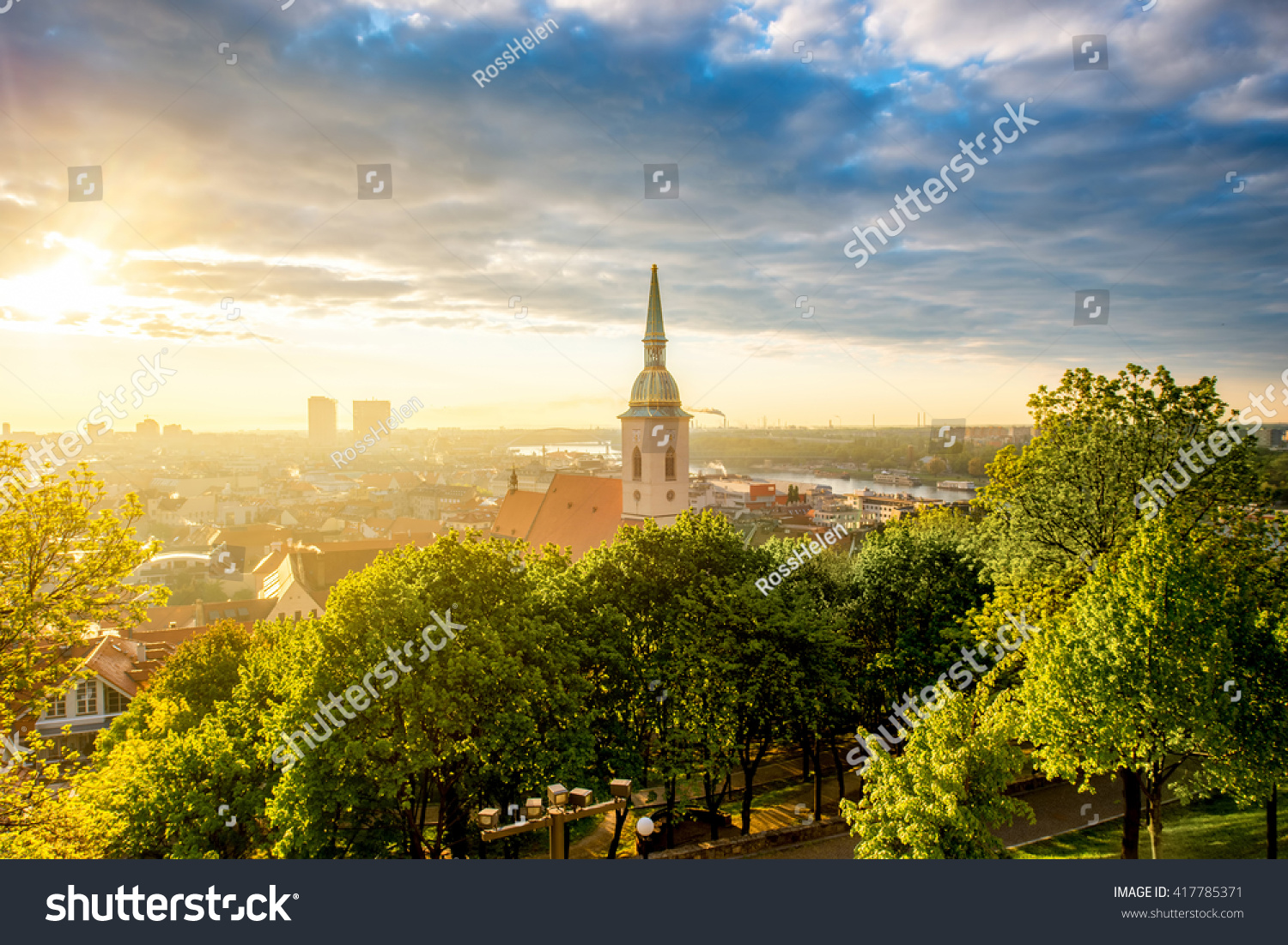 Bratislava cityscape view on the old town with Saint Martin's cathedral tower from the castle hill on the morning in Slovakia #417785371