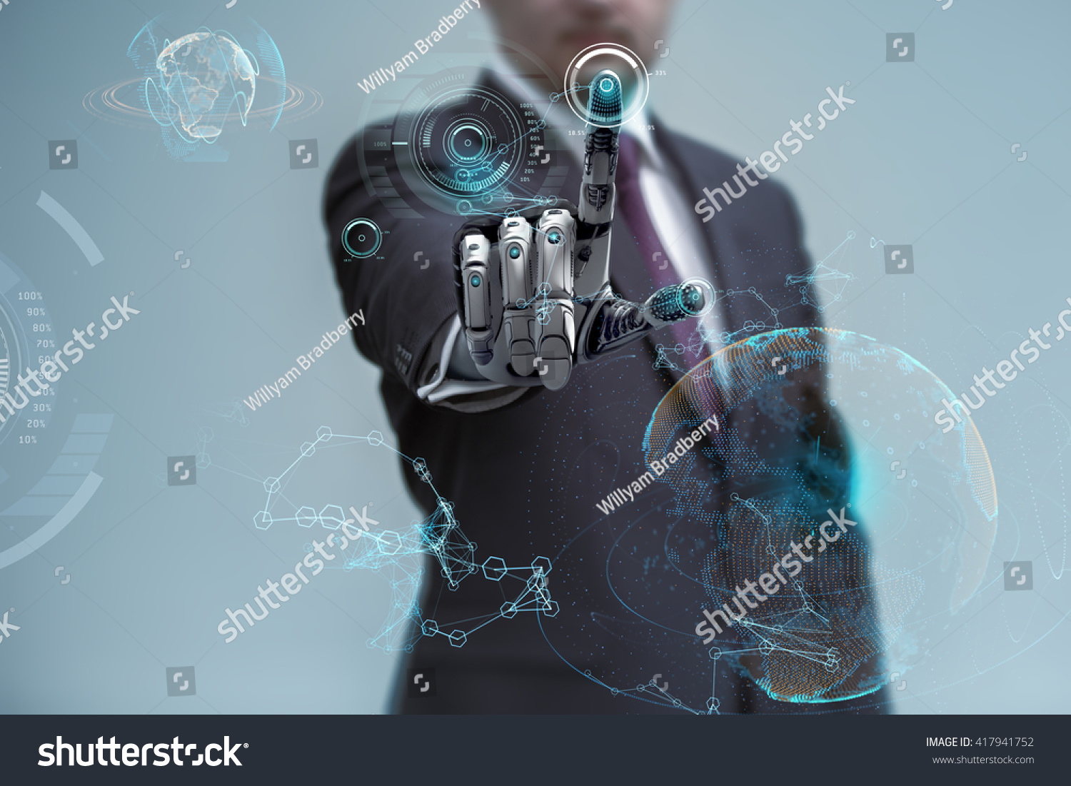 businessman operating virtual hud interface and manipulating elements with robotic hand. Blue holographic screen artificial design concept. #417941752