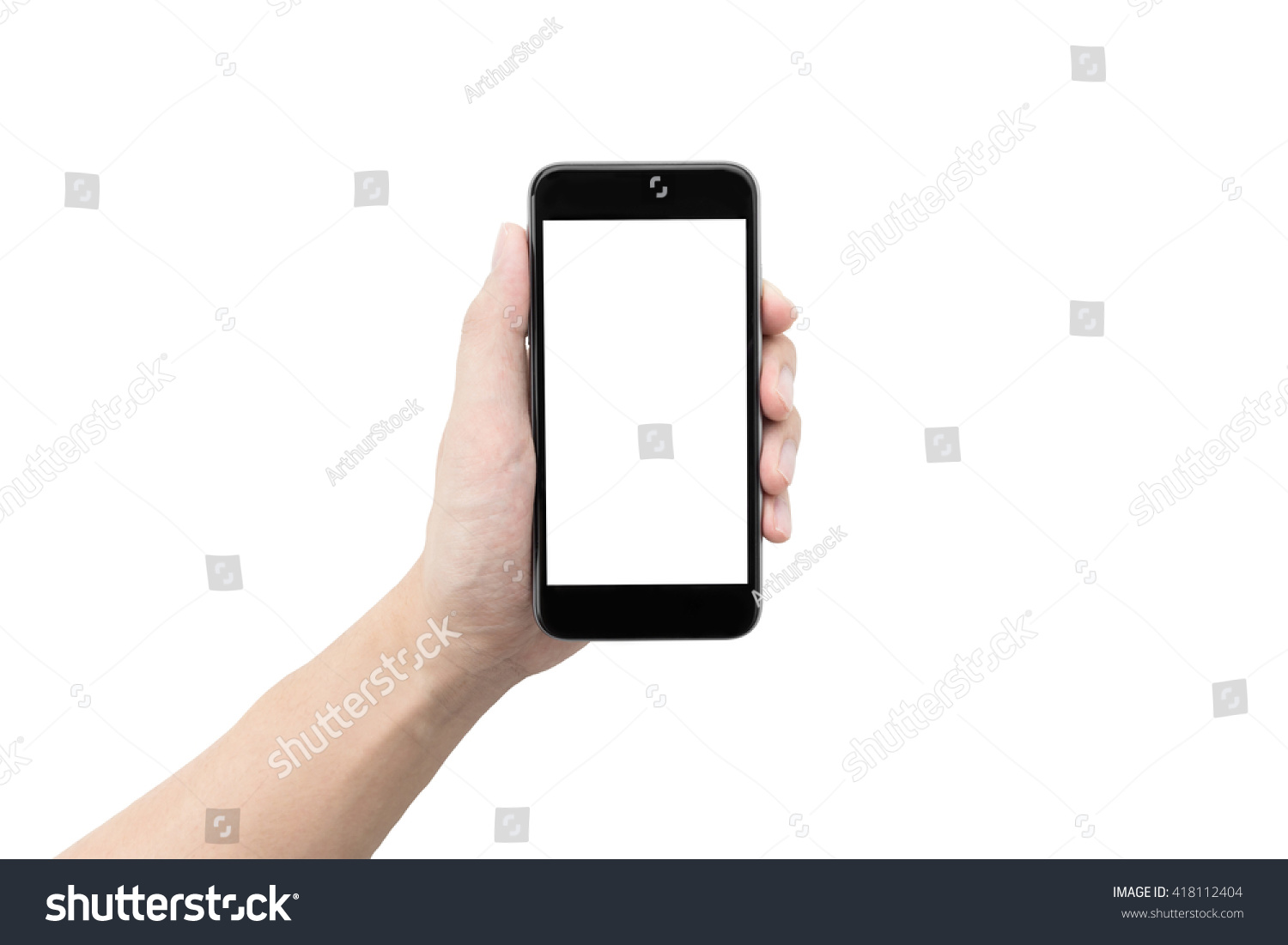 A man holding a smartphone with white blank screen to montage your application isolated on white background. #418112404