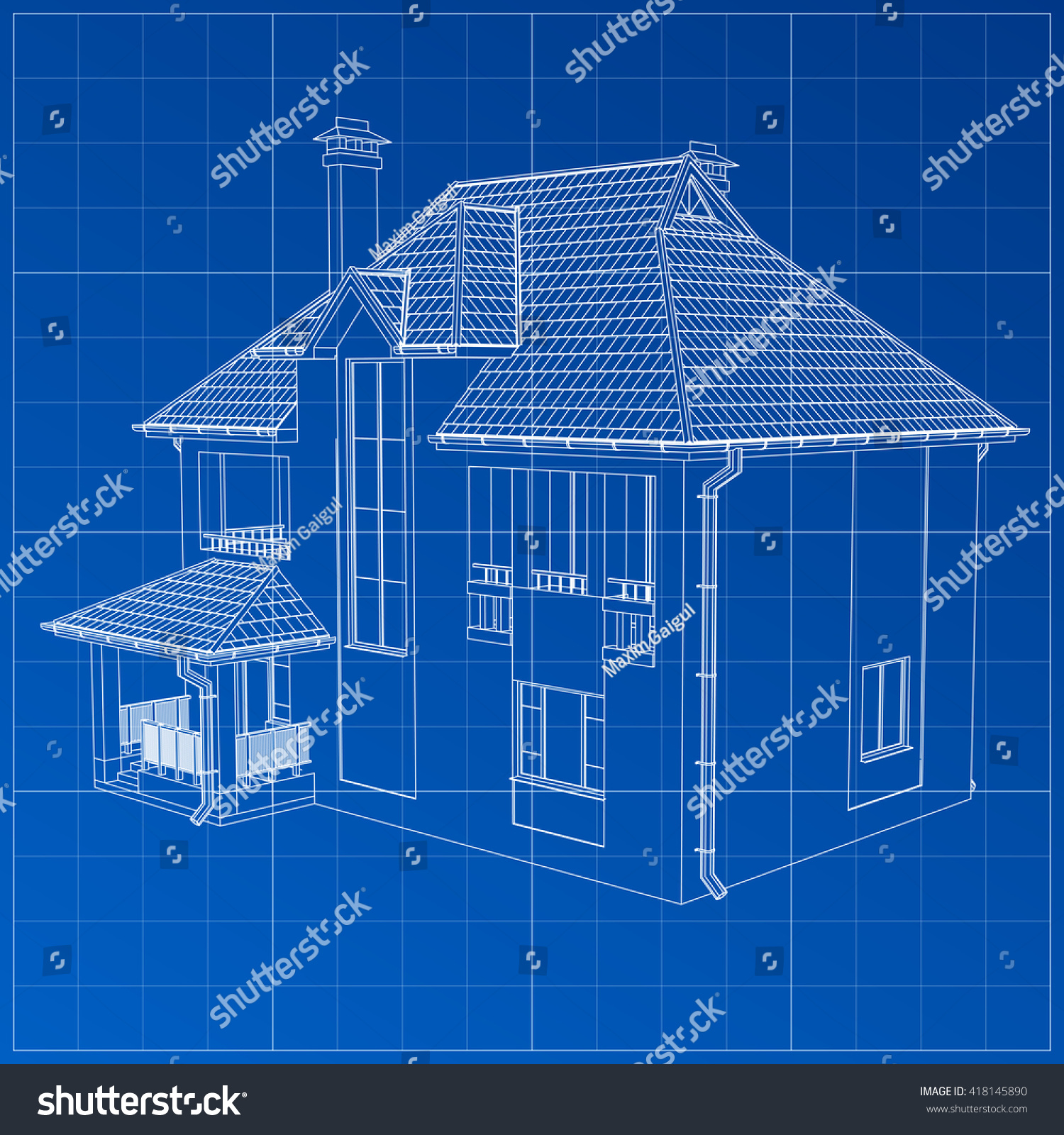 Wireframe blueprint drawing of 3D building. - Royalty Free Stock Vector ...