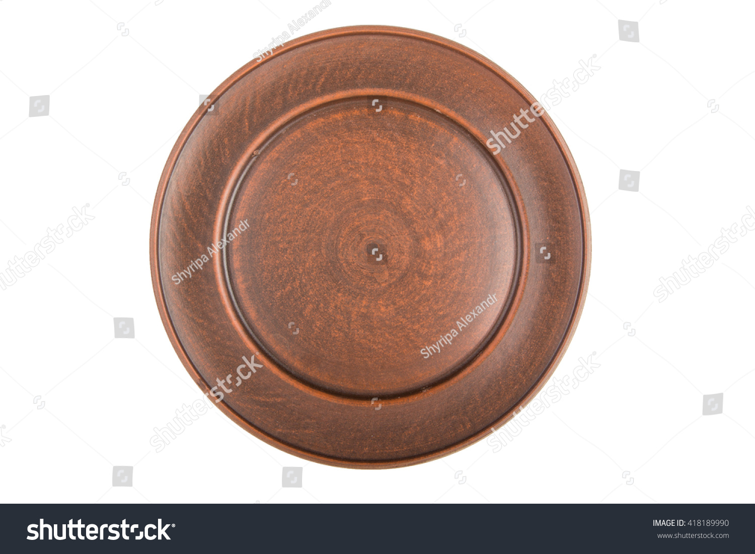 empty flat plate of red clay, isolated, top view #418189990