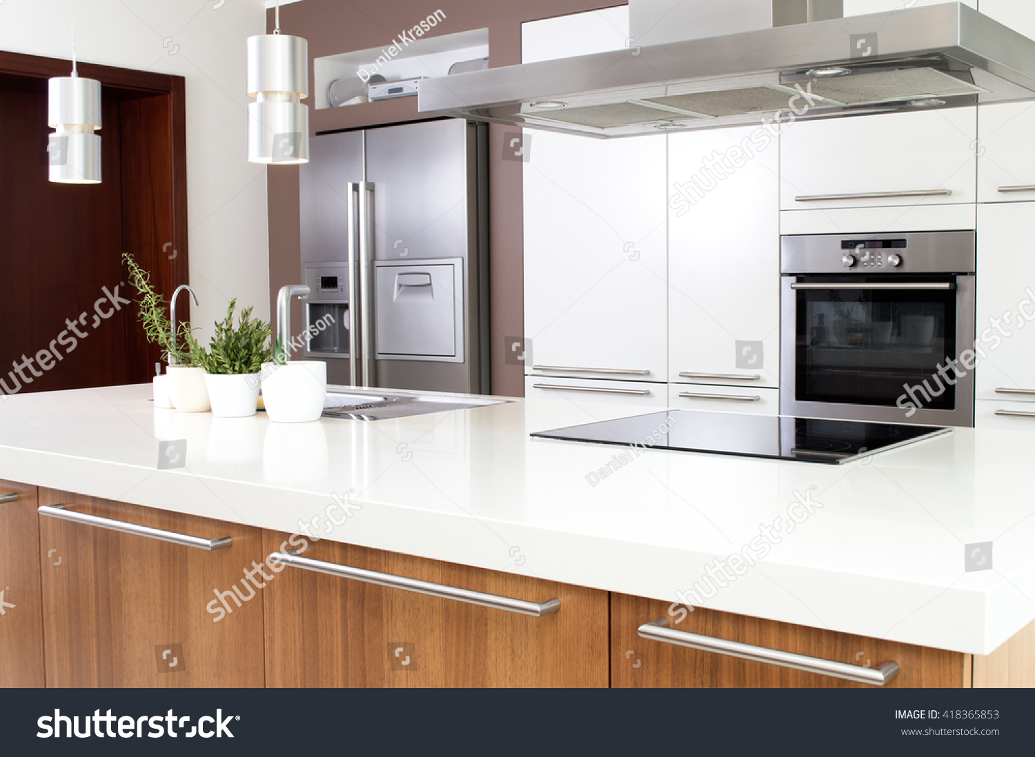 Conception of modern kitchen with household goods #418365853