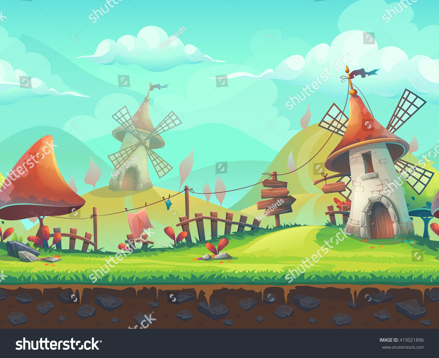 Seamless cartoon stylized vector illustration on the theme of the European landscape with a windmill. For print, create videos or web graphic design, user interface, card, poster. #419021896