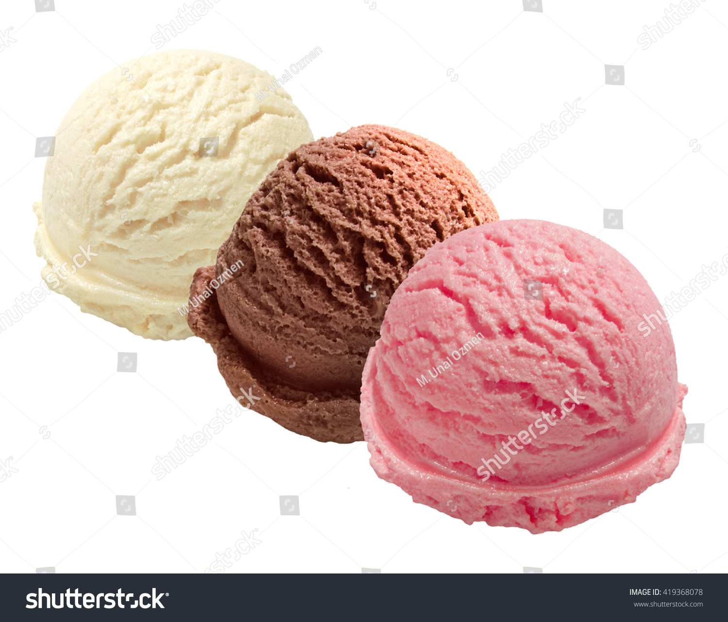 Vanilla, strawberry and chocolate mixed ice cream scoops isolated on white background #419368078