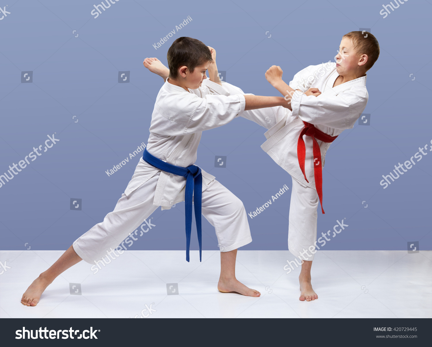 With red and blue belt boys are training strikes and blocks #420729445