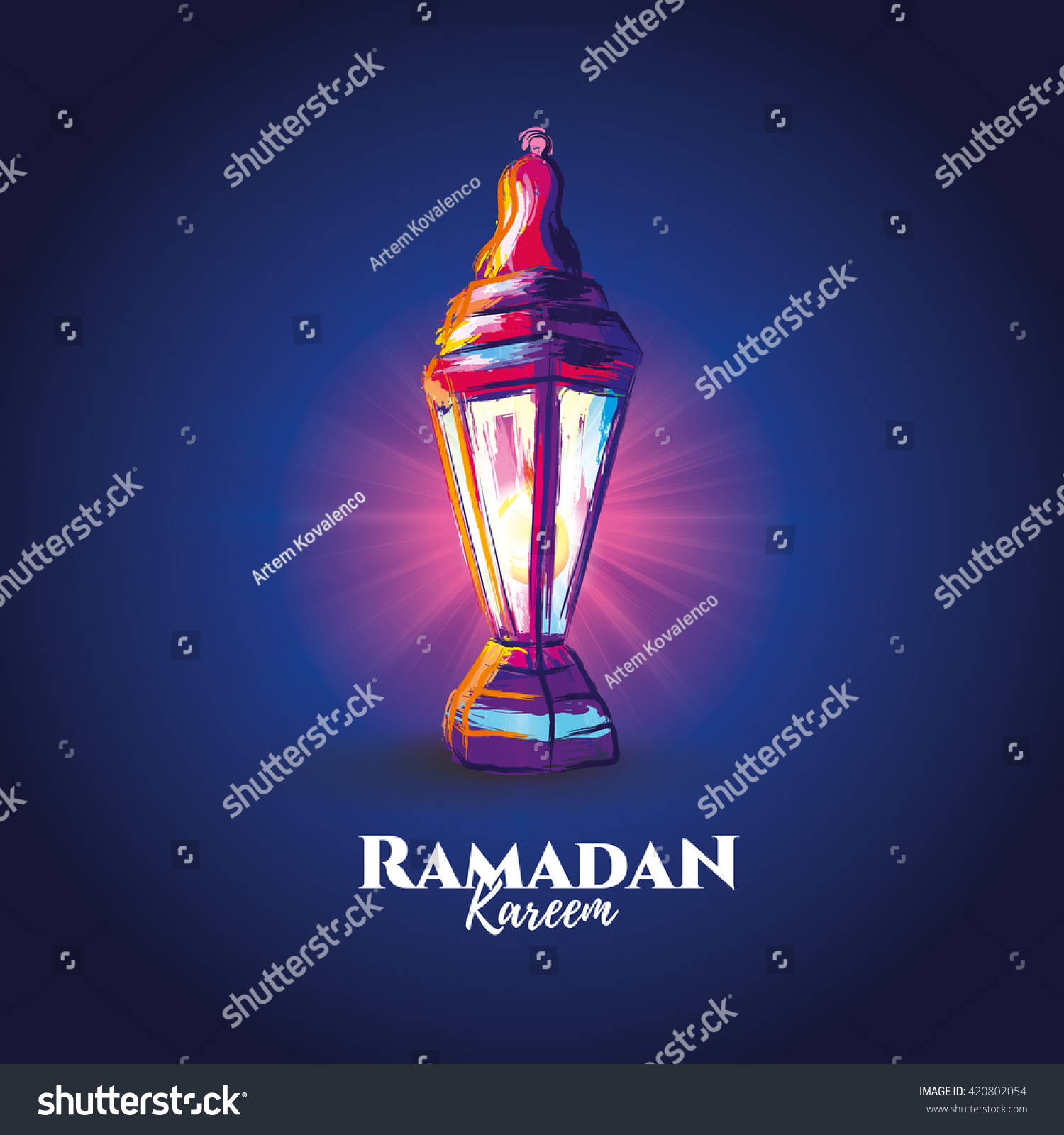 vector illustration of a lantern Fanus, the Muslim feast of the holy month of Ramadan Kareem. illustrations in the style of watercolor paints.  #420802054