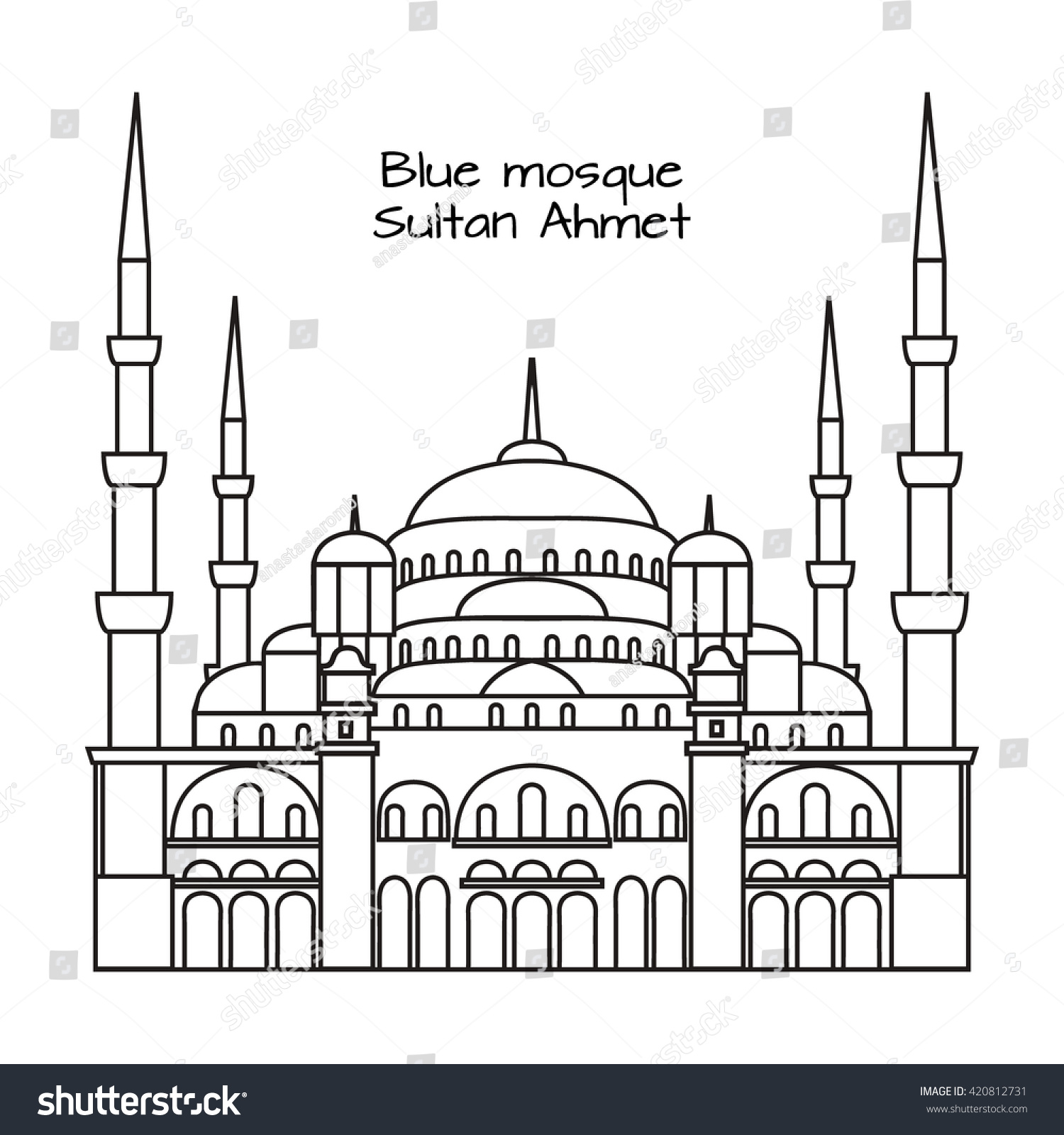 The Blue Mosque, Sultanahmet Camii, Istanbul, Turkey, middle east islamic architecture outline vector #420812731