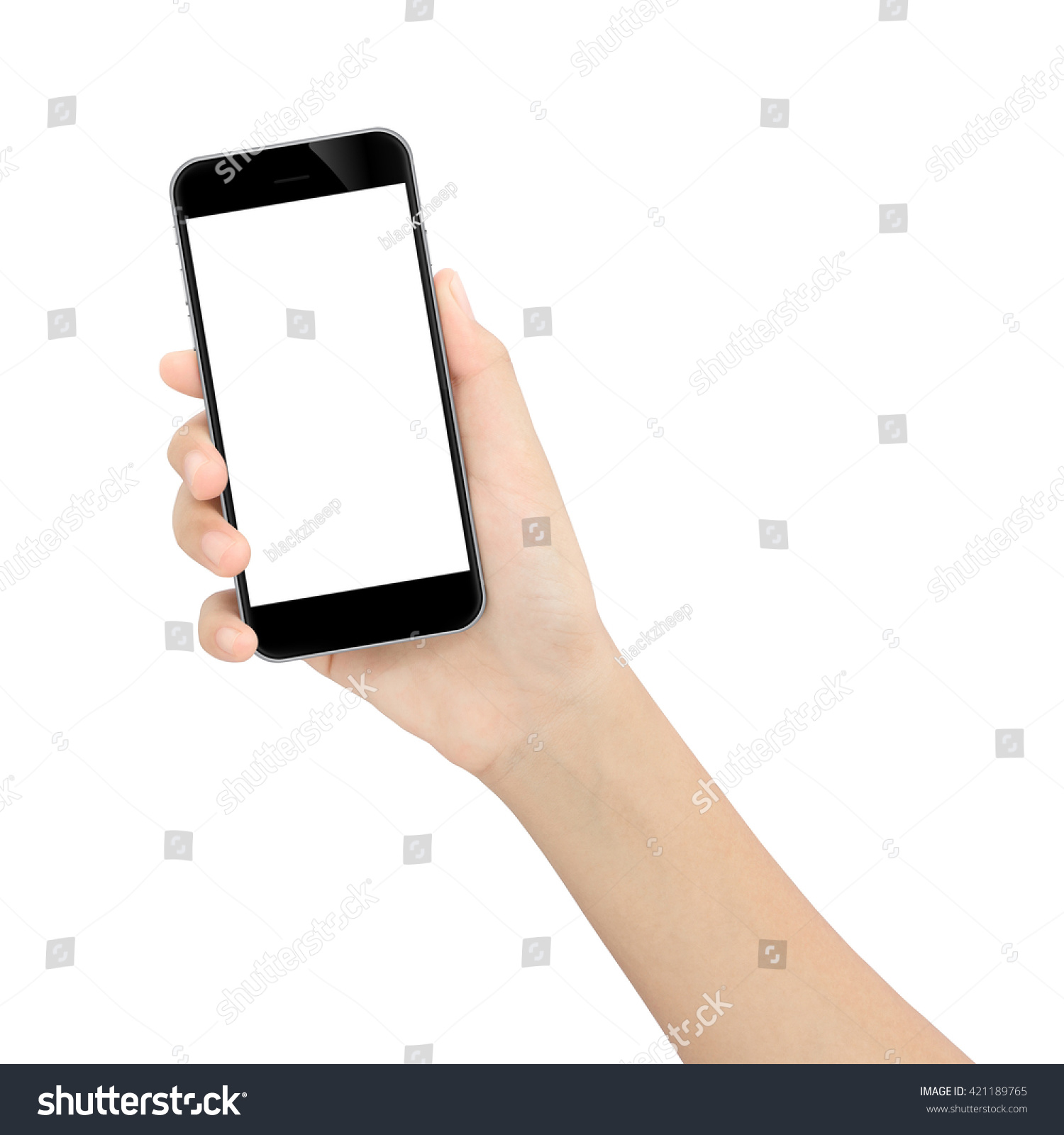 hand holding black phone isolated white clipping path inside #421189765