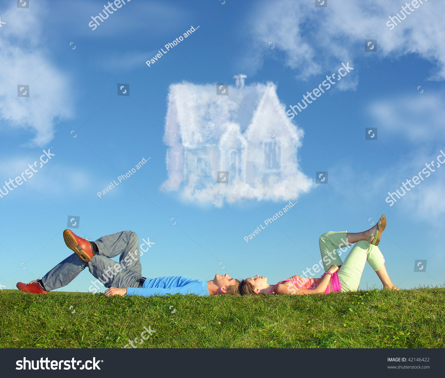 lying couple on grass and dream house collage #42146422