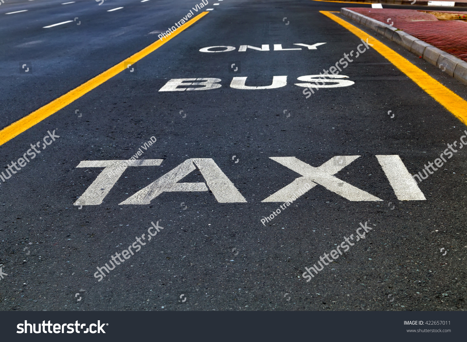 Bus and Taxi sign painted on street outdoors #422657011