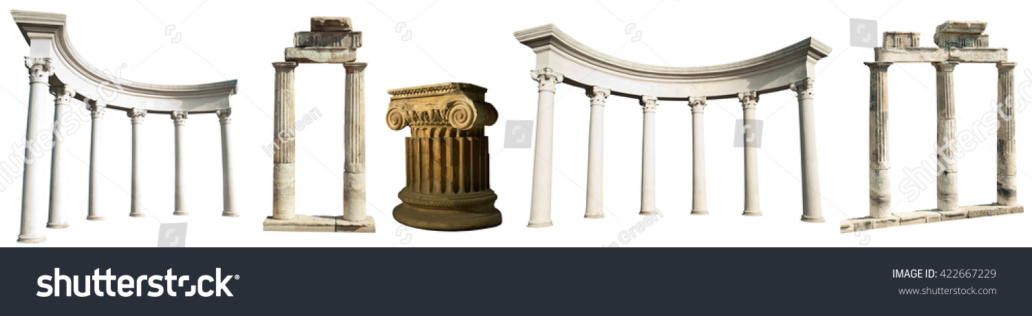 Collection of different ancient Greek columns isolated on a white background #422667229
