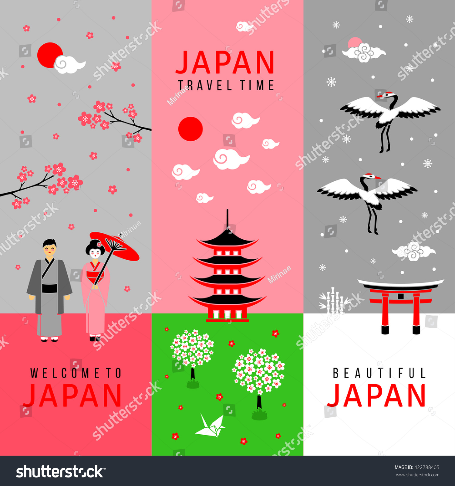 Vertical cards with traditional Japanese symbols. Flat icons. Banners for Asian New Year or Sakura blossom festival. Template for your text. Vector illustration. #422788405