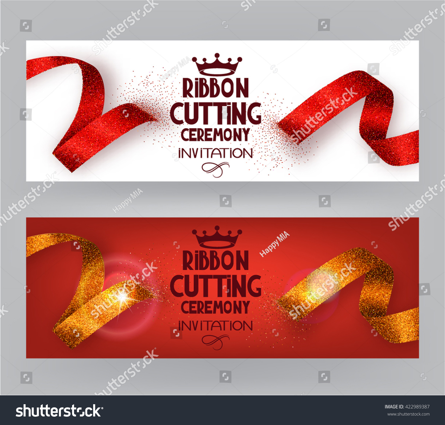 Ribbon cutting ceremony banners with abstract ribbons  and abstract hand with scissors #422989387