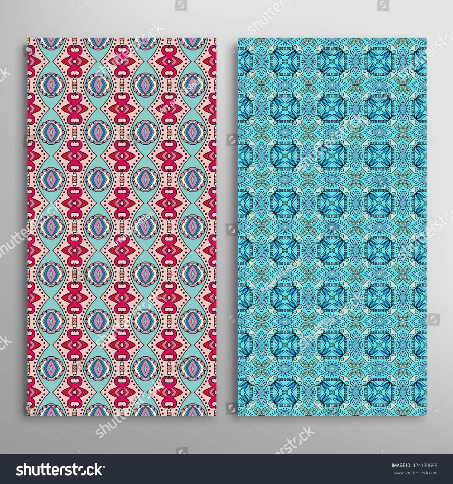 Vertical seamless patterns set, floral geometric lace texture for Wedding, Bridal, Valentine's day, greeting cards or Birthday Invitations. Decorative seamless backgrounds, tribal ethnic ornament #424130698