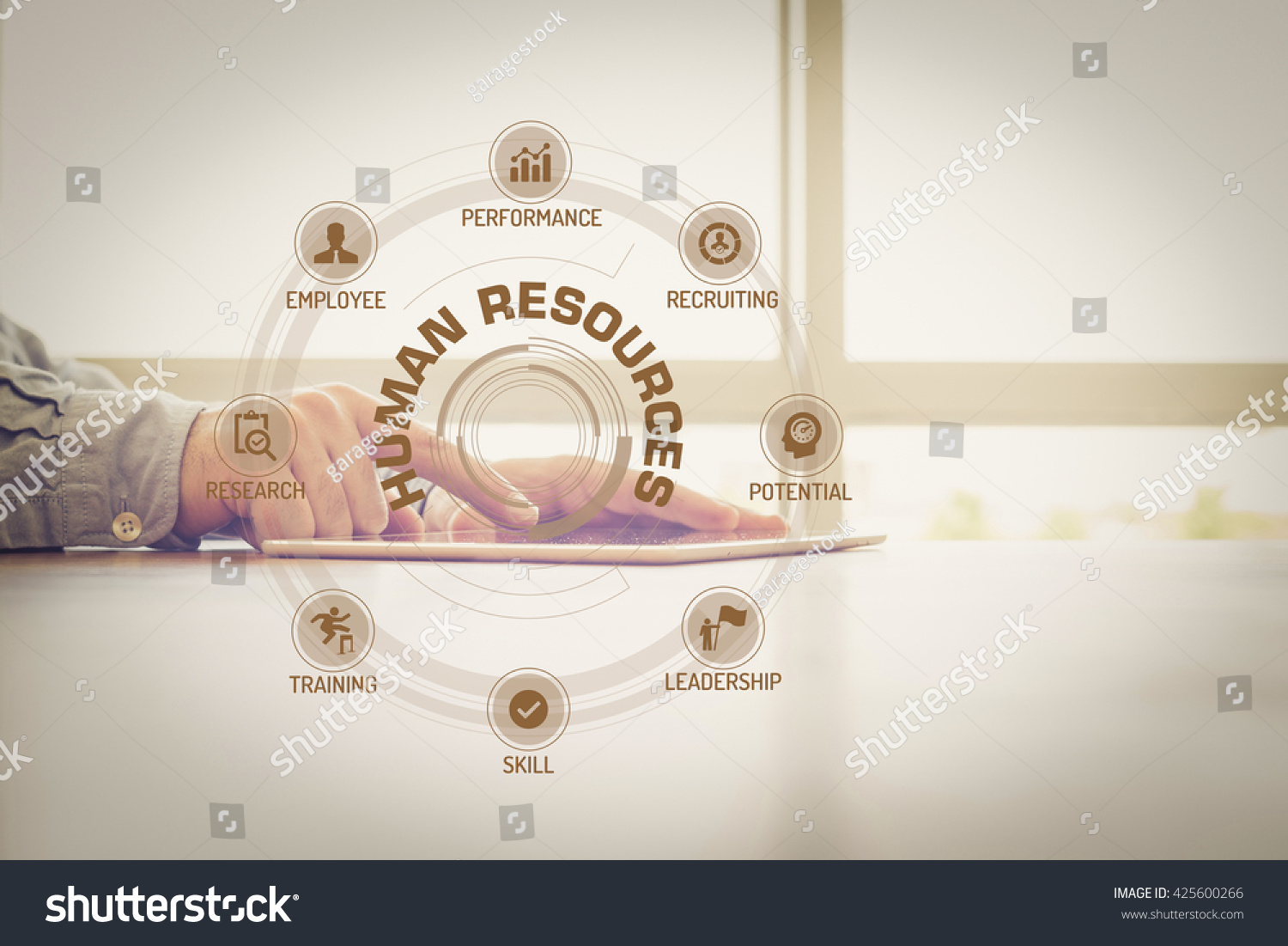 HUMAN RESOURCES chart with keywords and icons on screen #425600266