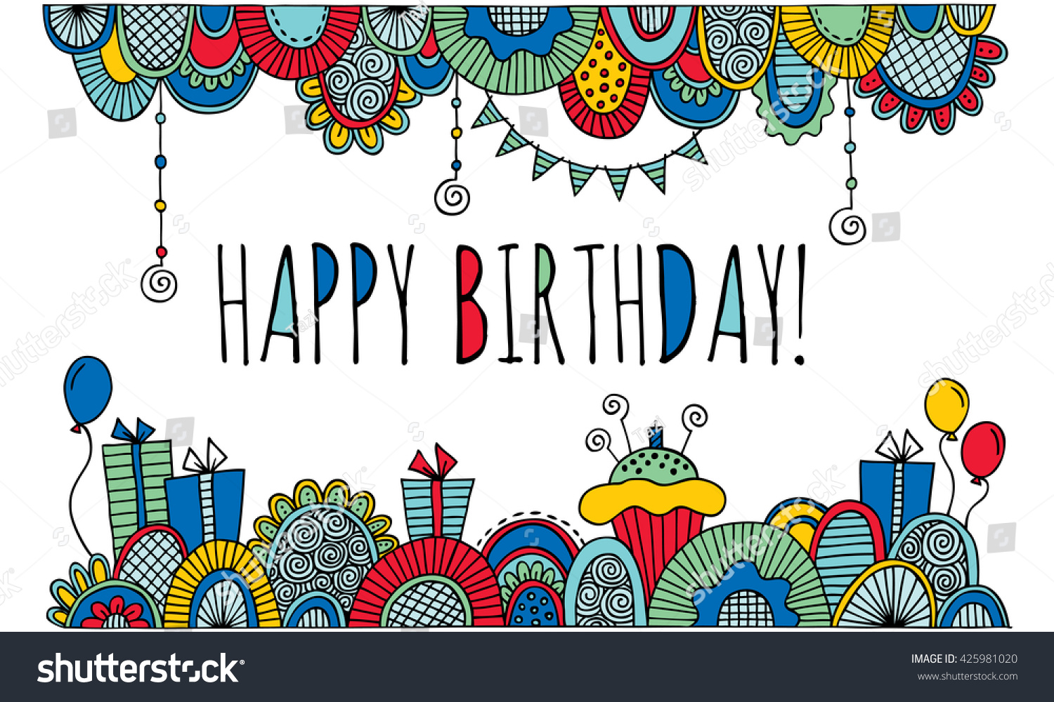 Happy Birthday With Border Bright Doodle Artwork Colorful Illustration The Words In
