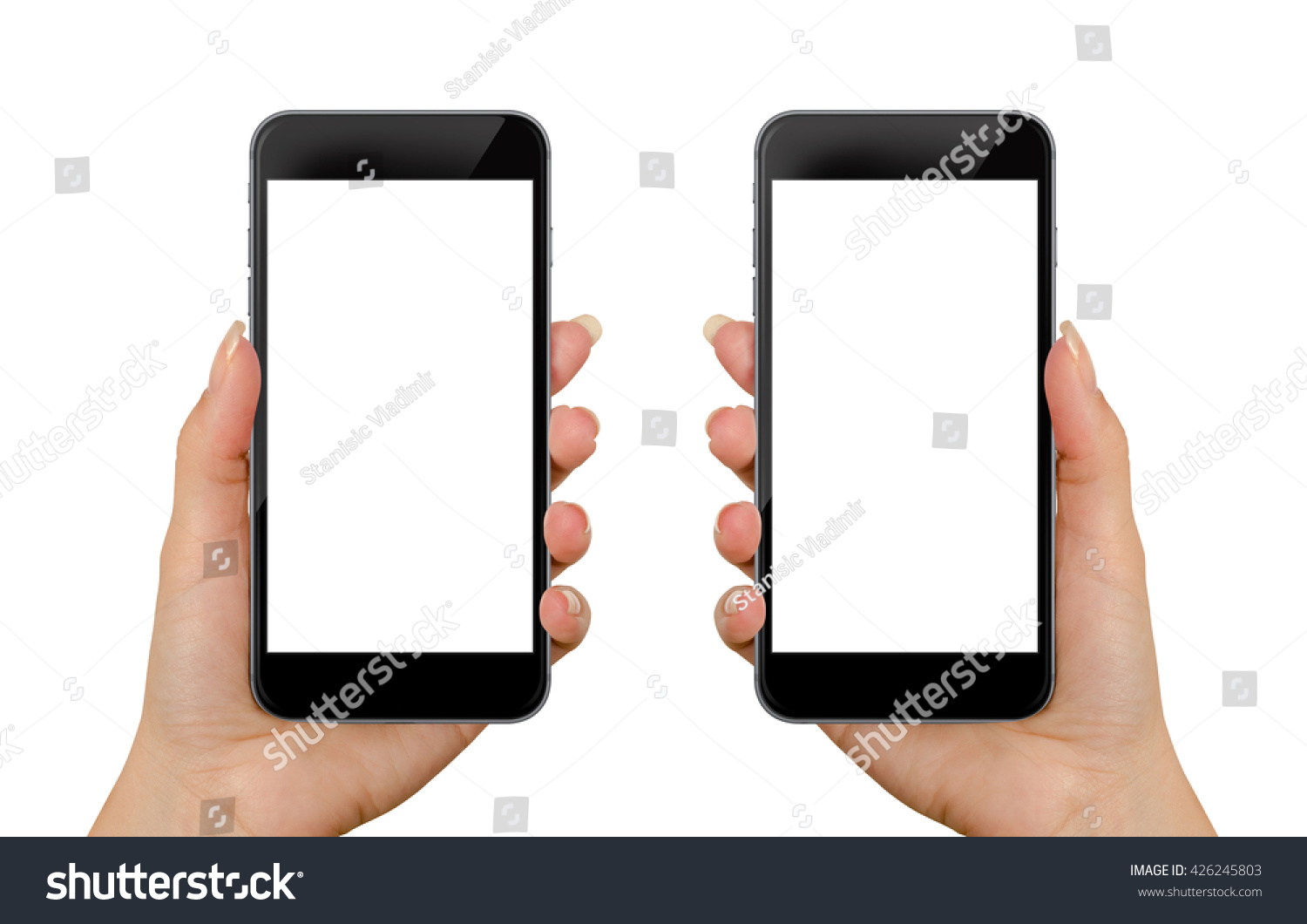 Smart phone in woman hand. Isolated screen for mockup. Left and right hand, front side. #426245803