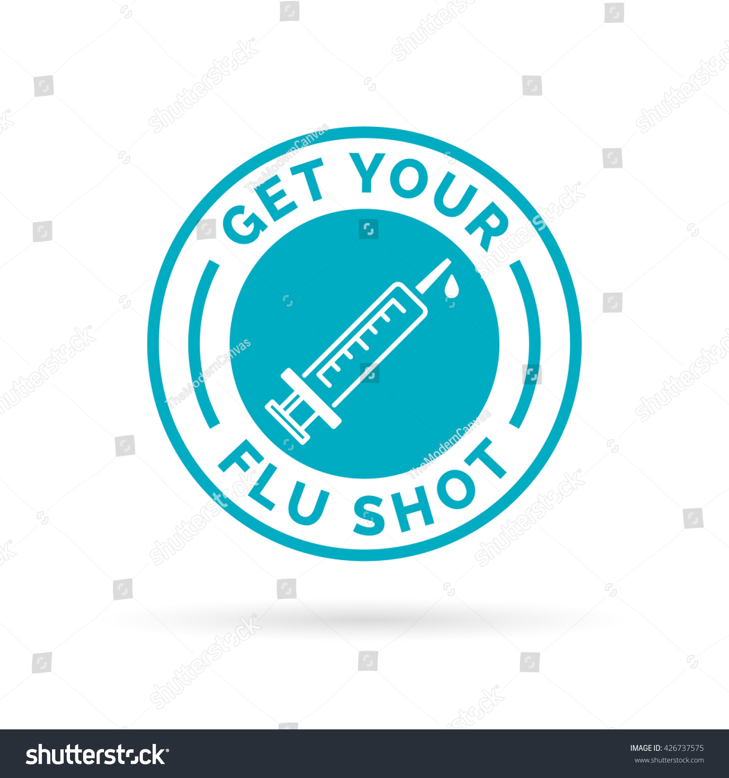 Get your flu shot vaccine sign badge with blue syringe injection icon. Vector illustration. #426737575