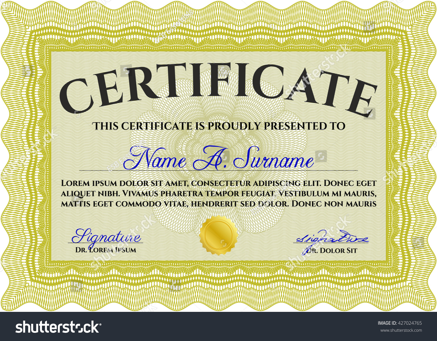 Yellow Diploma or certificate template. Superior design. Vector pattern that is used in currency and diplomas.Complex background.  #427024765