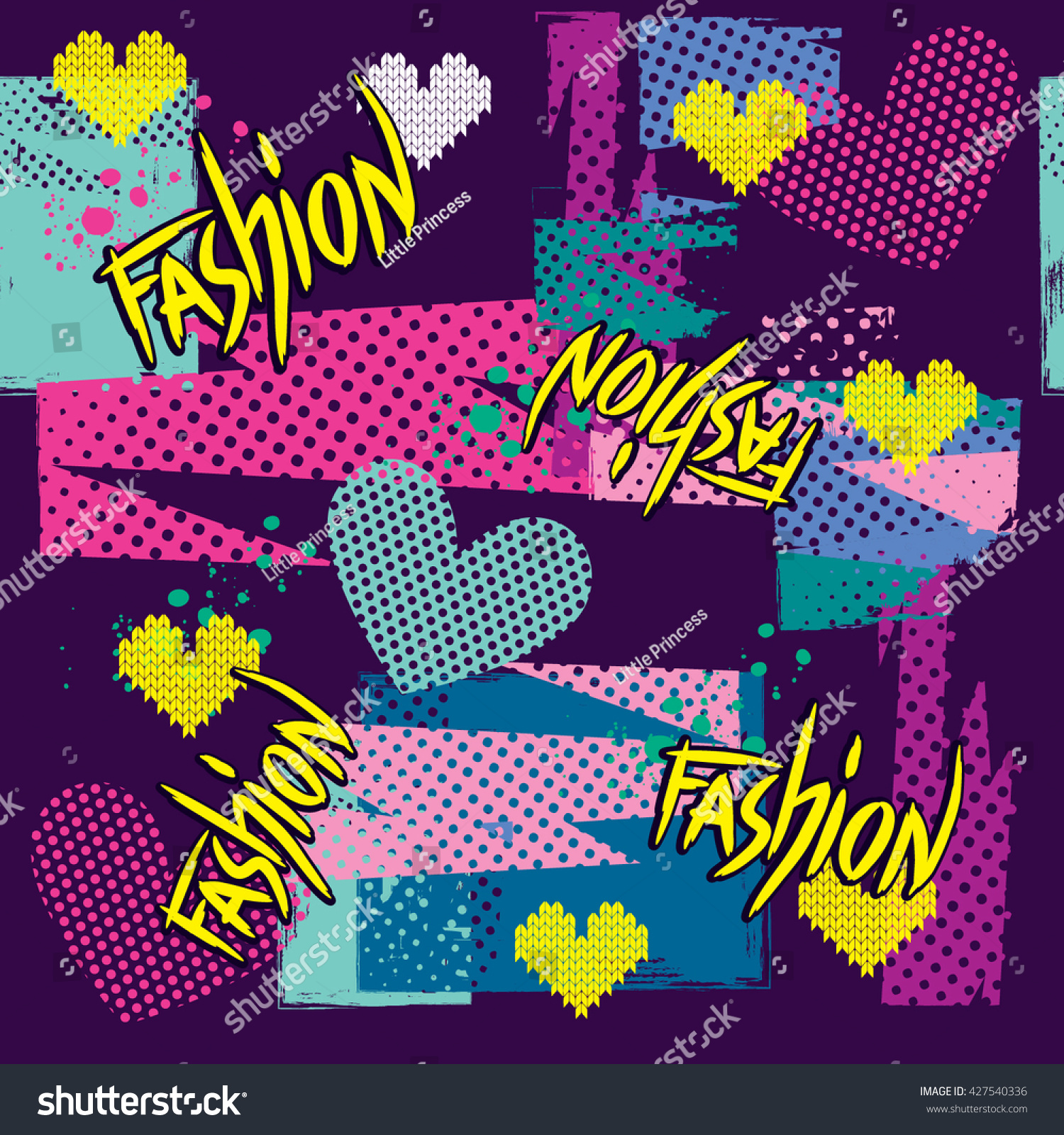 Abstract seamless cheerful pattern for girls.  Hearts and pieces of fabric with dots in blue, pink, purple and yellow colors. Fashion girlish background for funny clothes. #427540336