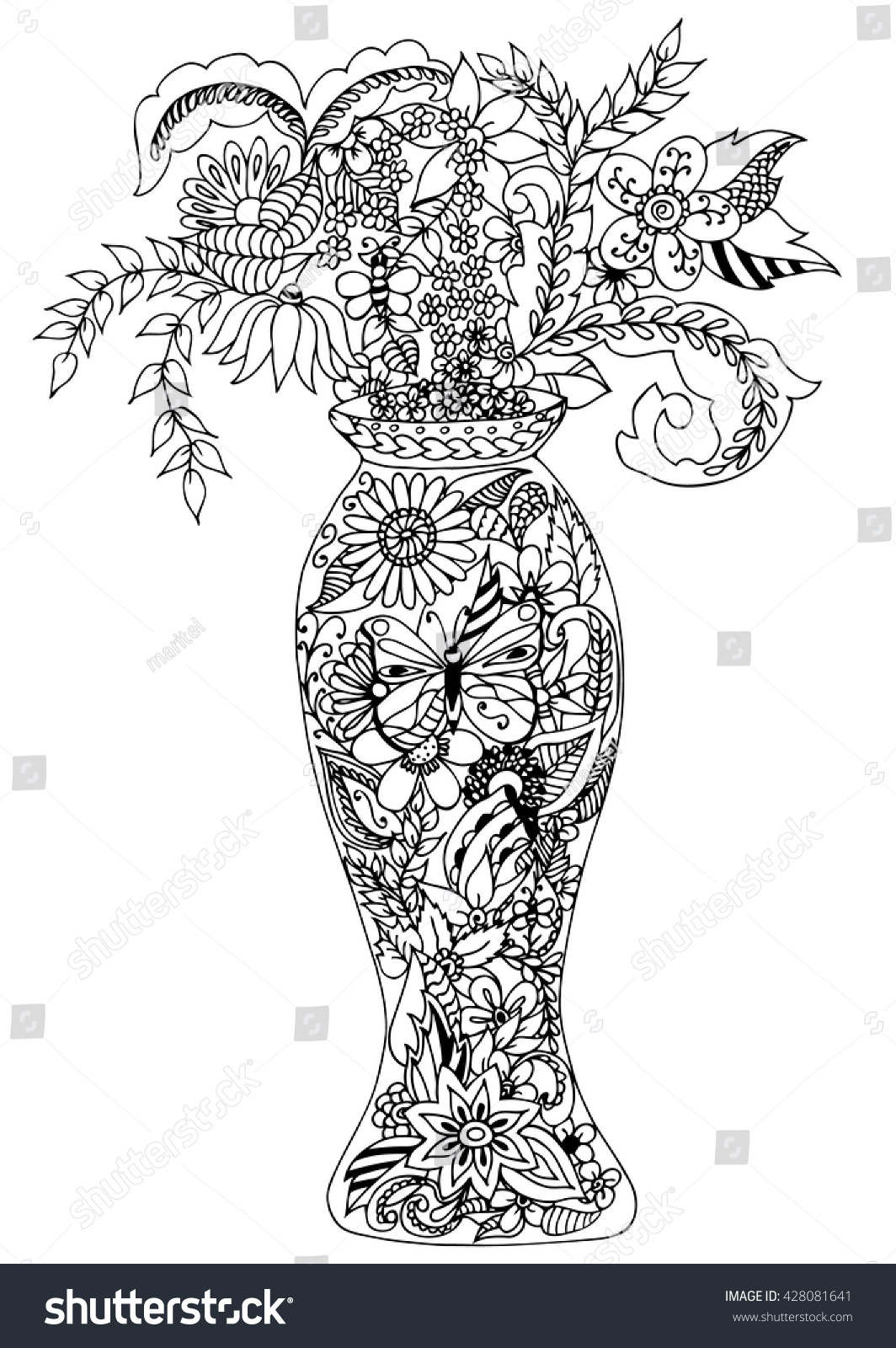 Vector Doodle Illustration Vase Of Flowers Zen Tangle Coloring Book Anti Stress For Adults