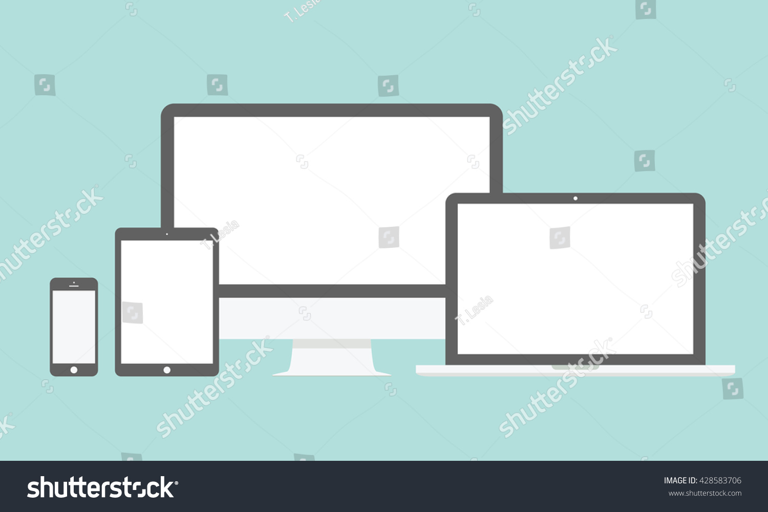 Device mockup template. Set of computer monitor, computer, laptop, phone, tablet isolated on green background. Flat vector illustration.