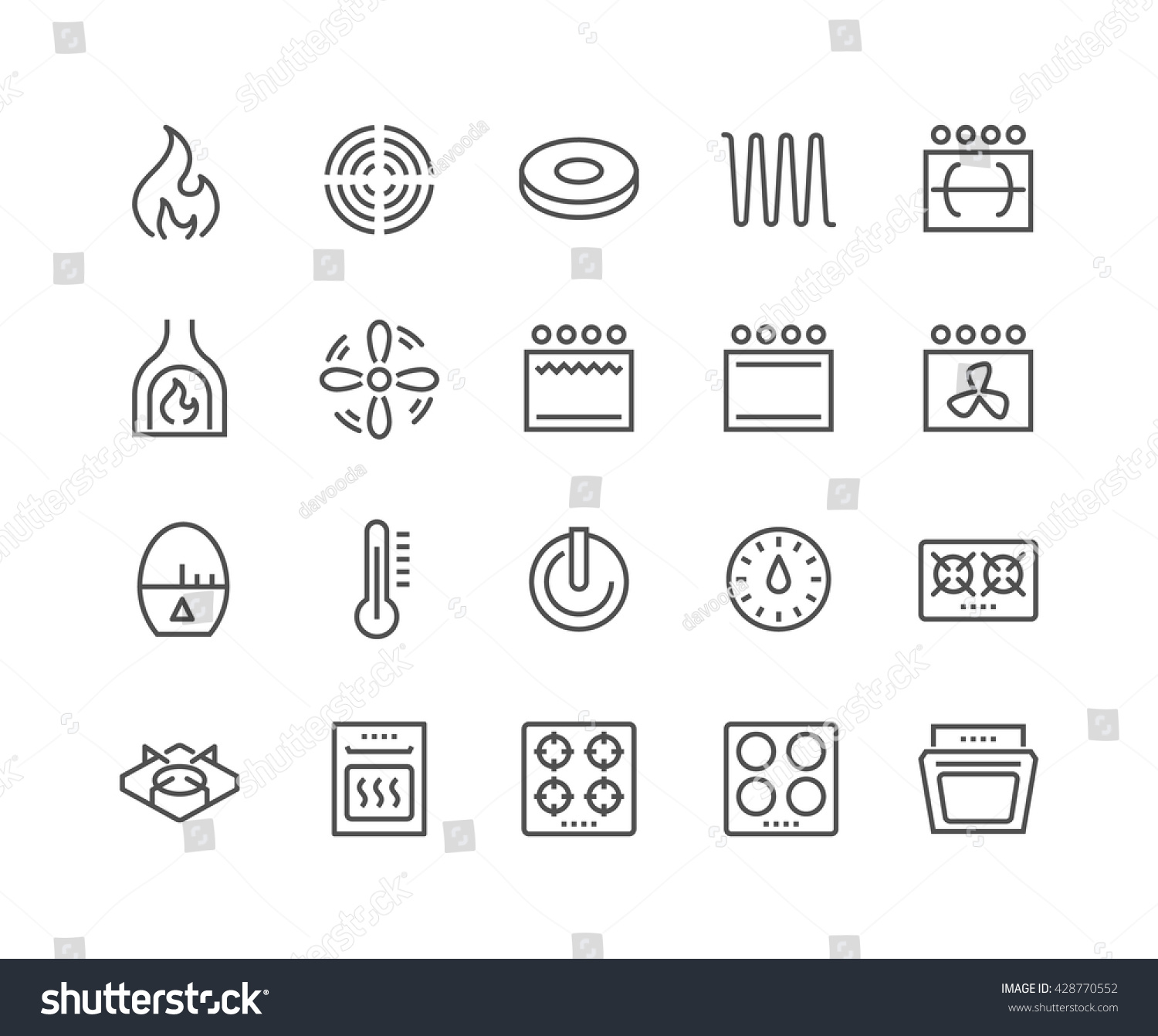 Simple Set of Stove Related Vector Line Icons. 
Contains such Icons as Timer, Heat, Gas, Induction, Electrical Stove and more. 
Editable Stroke. 48x48 Pixel Perfect.  #428770552