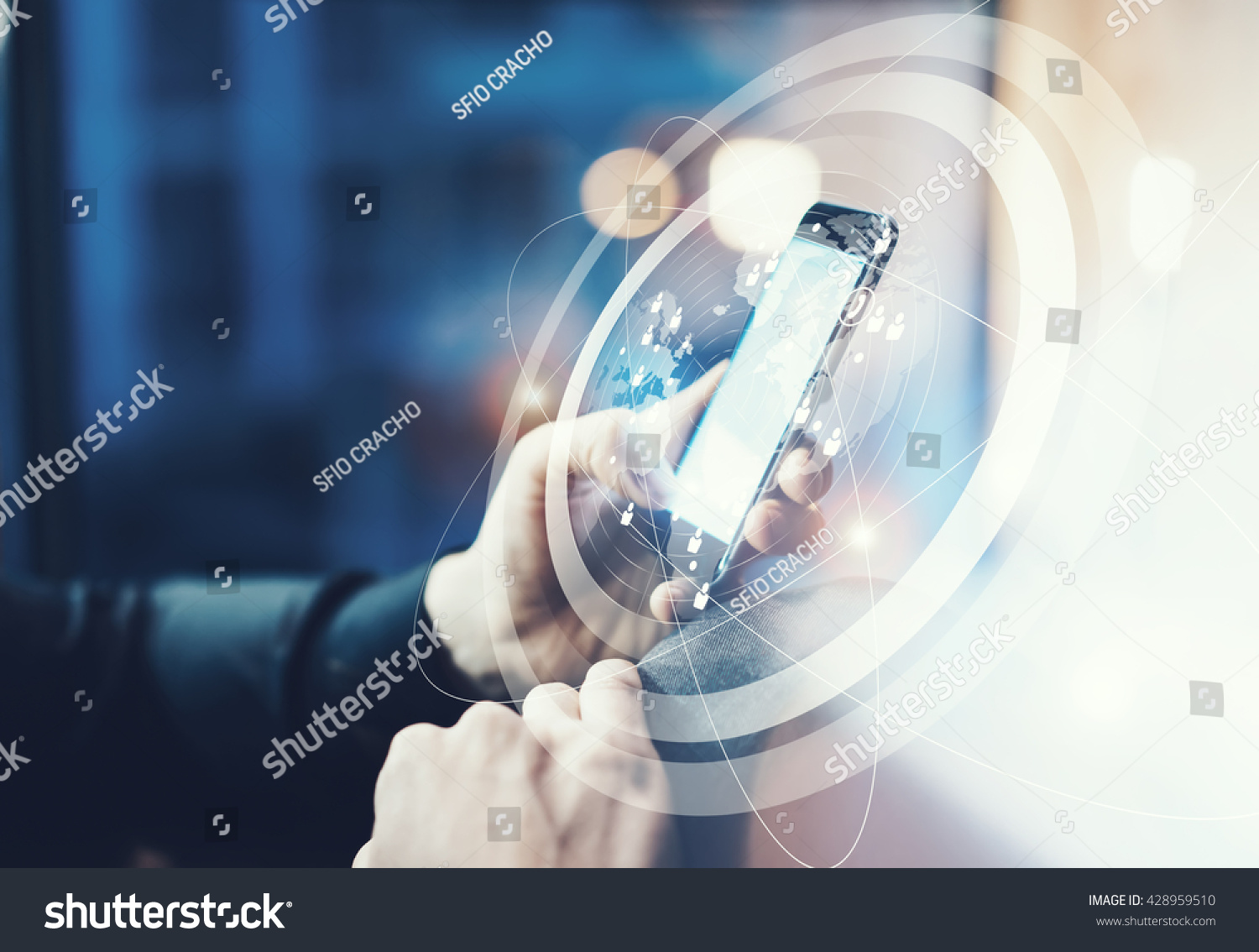 Picture businessman relaxing modern loft office. Man sitting in chair at night.Using contemporary smartphone. Digital Connections World Wide Interfaces Screen.Horizontal,film effect,blurred background #428959510