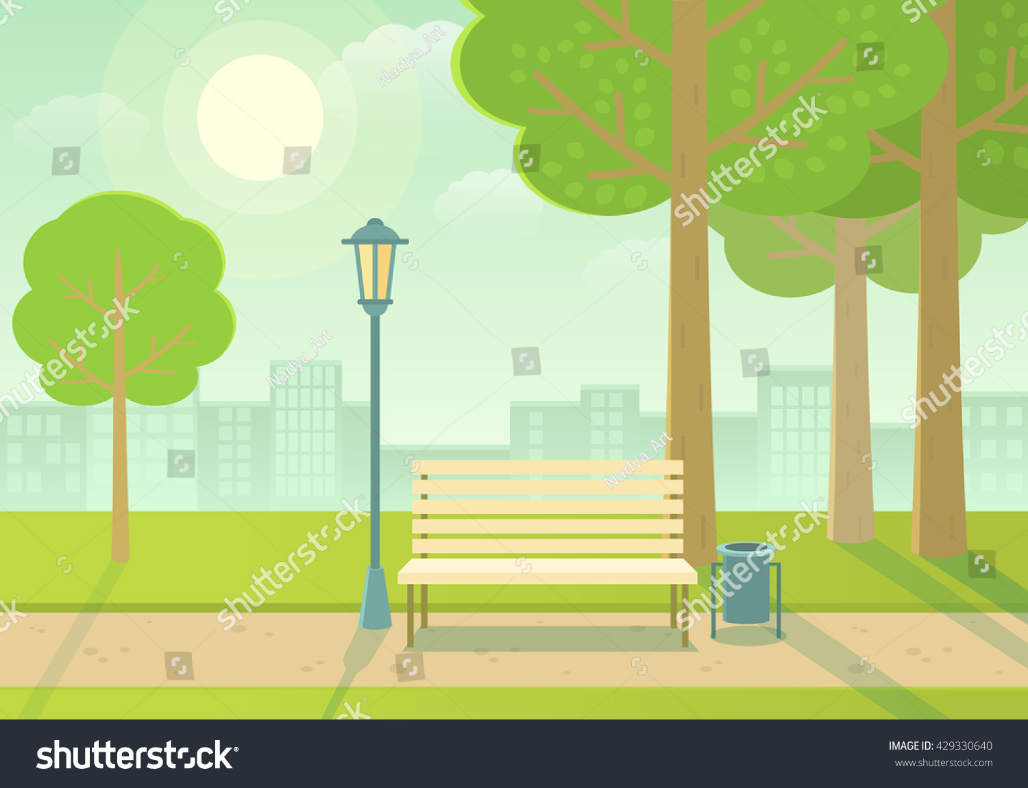 Vector illustration of a beautiful summer city park  with town building background. Evening in the park. #429330640